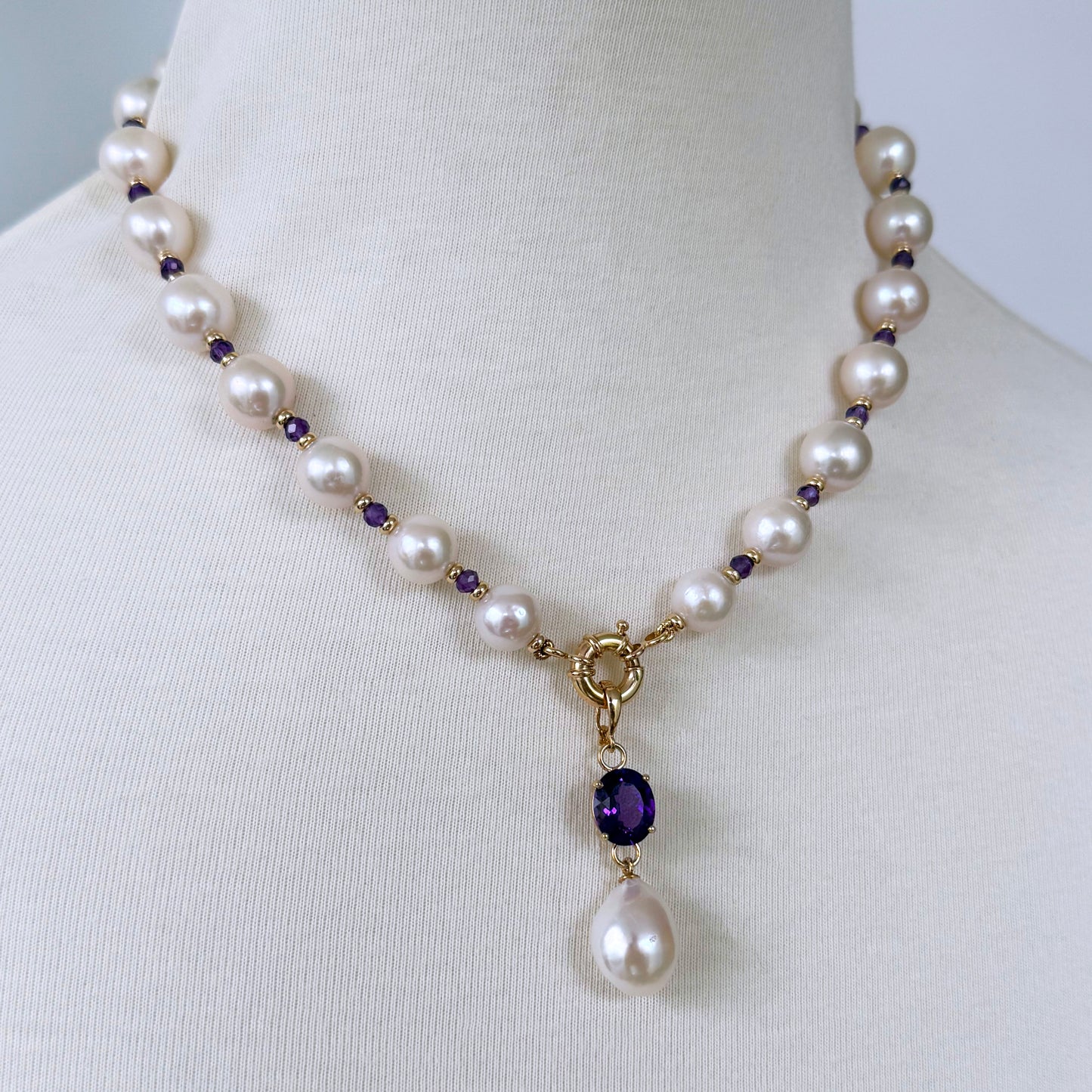 Pearl, Solid 14k Yellow Gold Necklace with Removable Amethyst Centerpiece