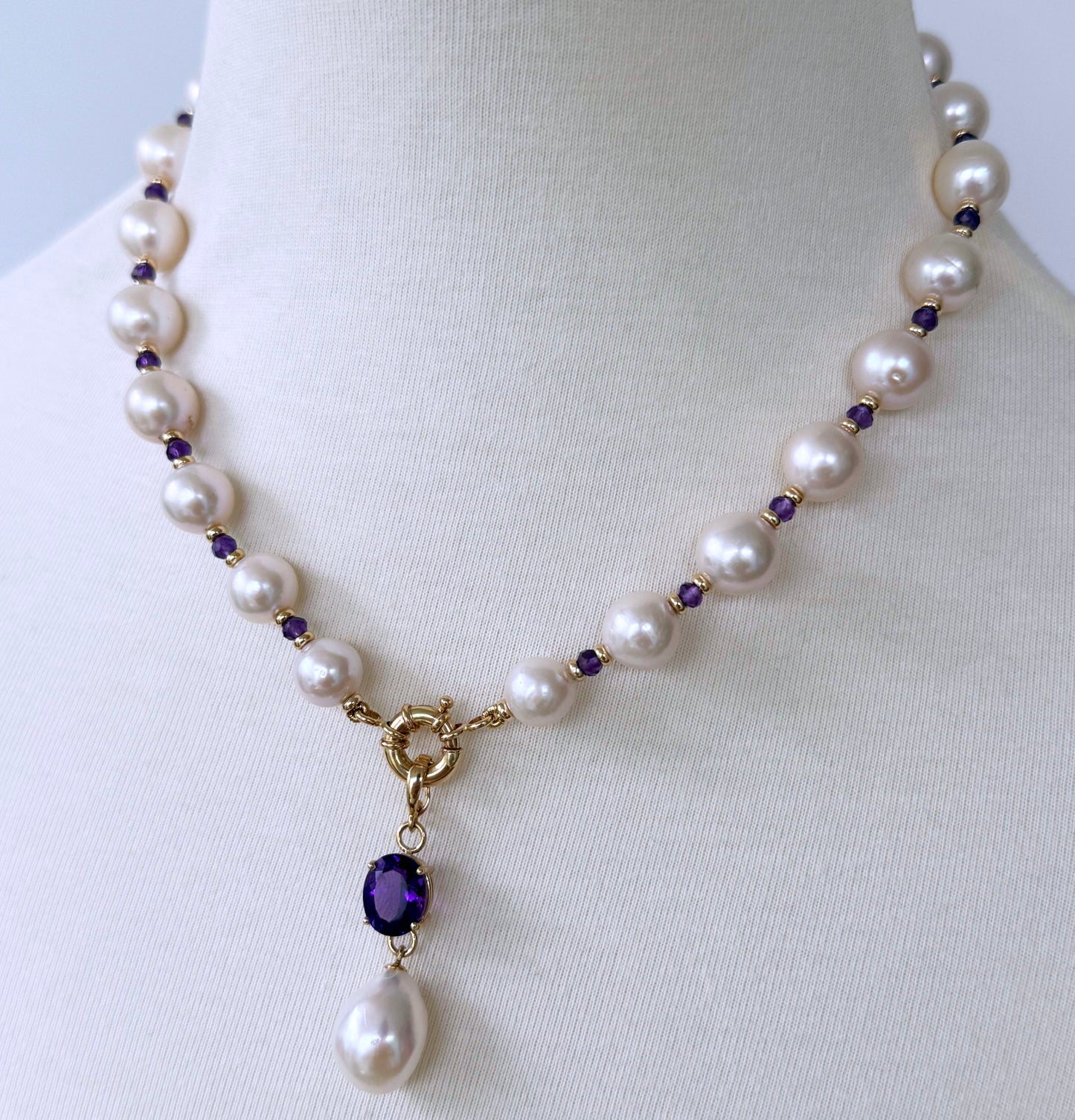 Pearl, Solid 14k Yellow Gold Necklace with Removable Amethyst Centerpiece