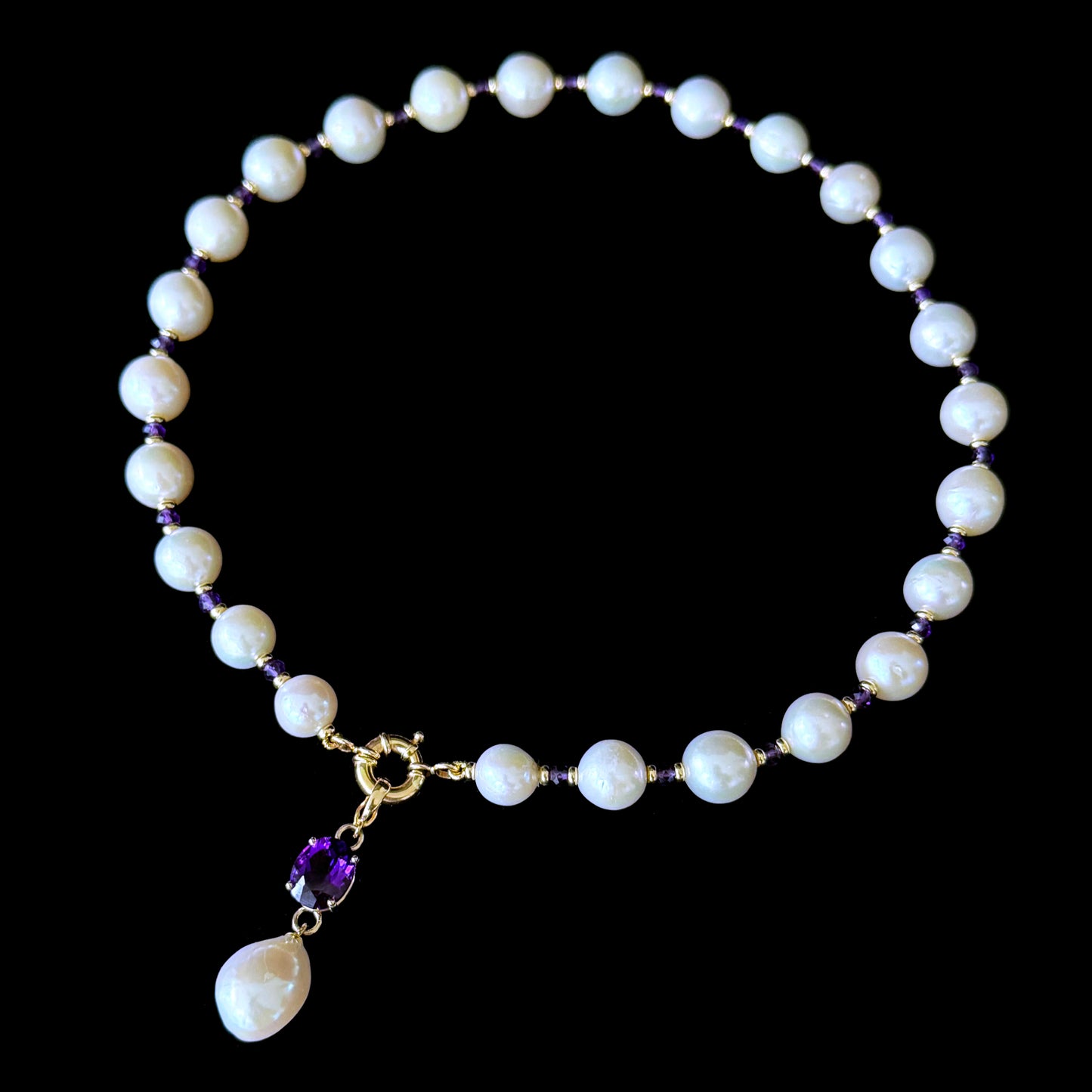 Pearl, Solid 14k Yellow Gold Necklace with Removable Amethyst Centerpiece