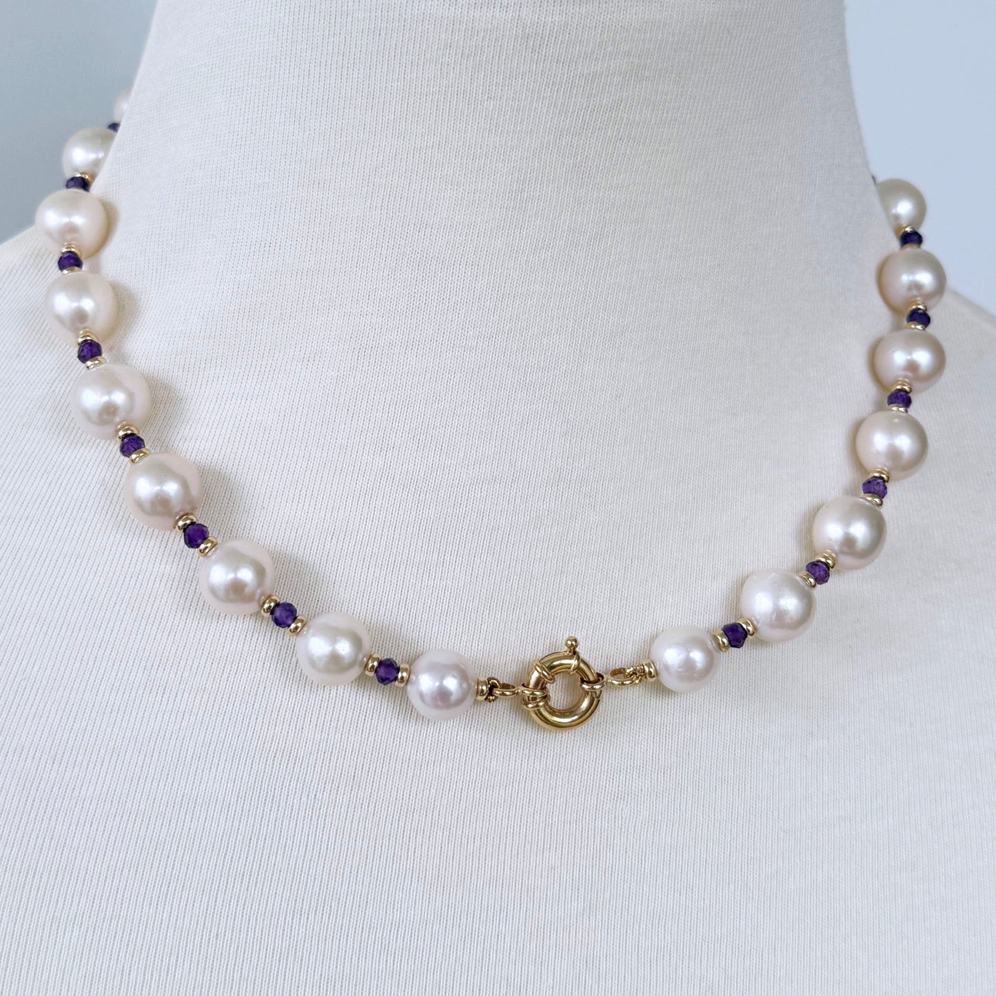 Pearl, Solid 14k Yellow Gold Necklace with Removable Amethyst Centerpiece