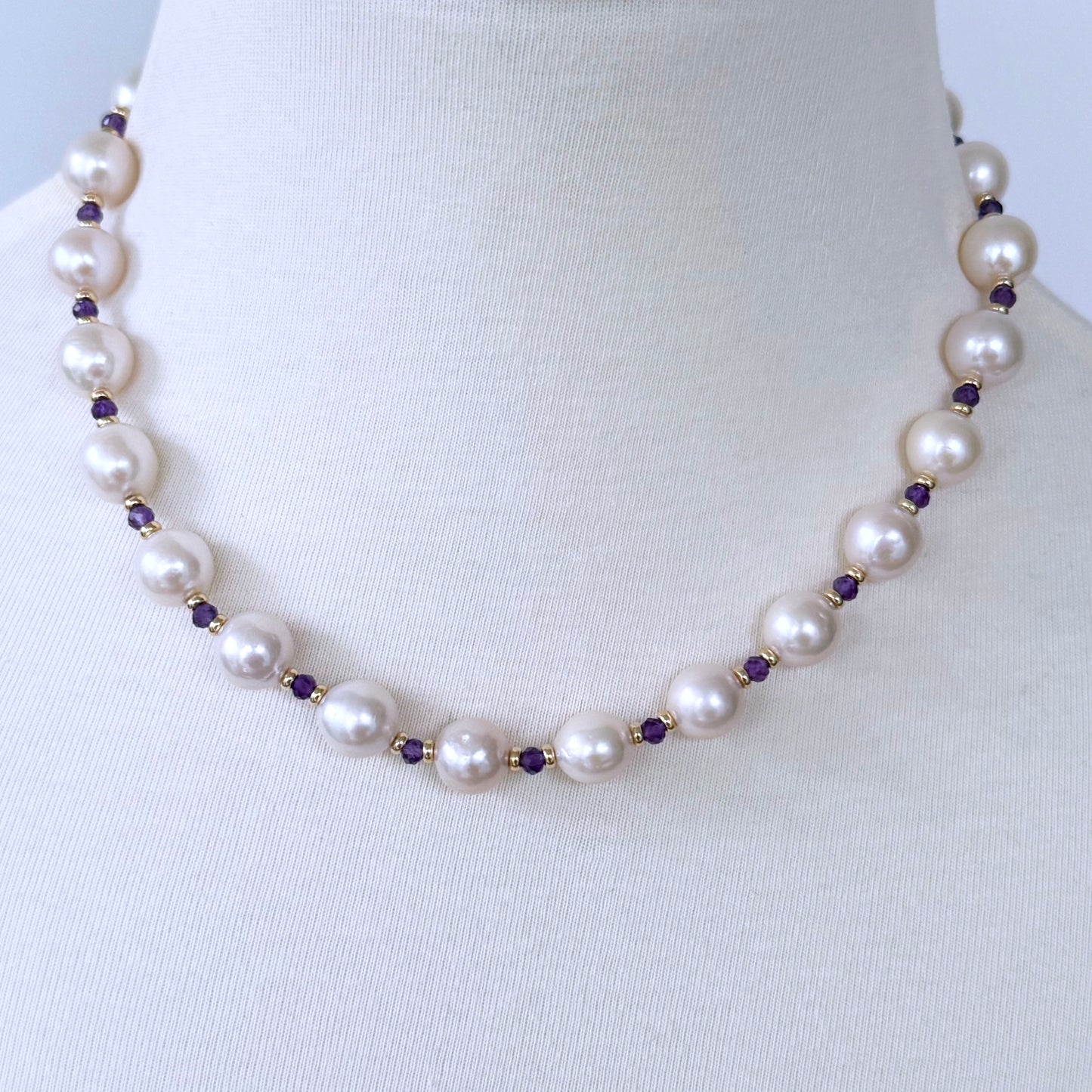 Pearl, Solid 14k Yellow Gold Necklace with Removable Amethyst Centerpiece