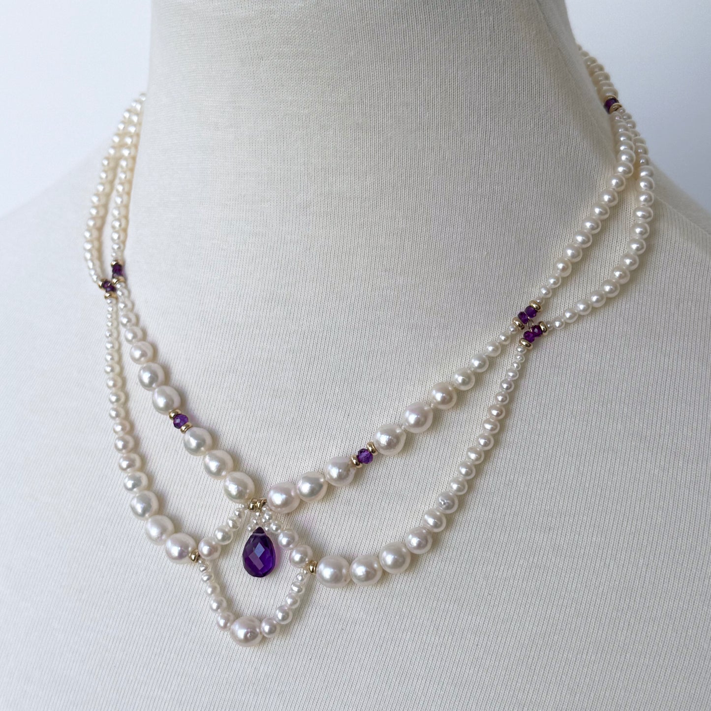 Pearl Draped Amethyst Necklace with 14k Gold