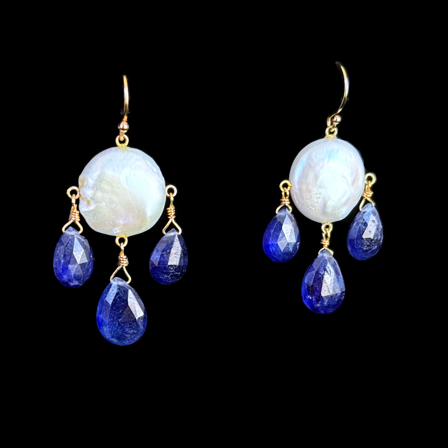 Blue Kyanite & Pearl Chandelier Earrings with Solid 14k Yellow Gold