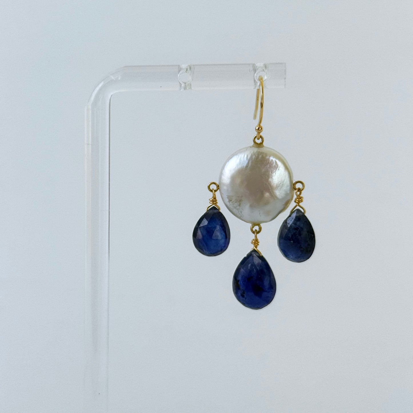 Blue Kyanite & Pearl Chandelier Earrings with Solid 14k Yellow Gold