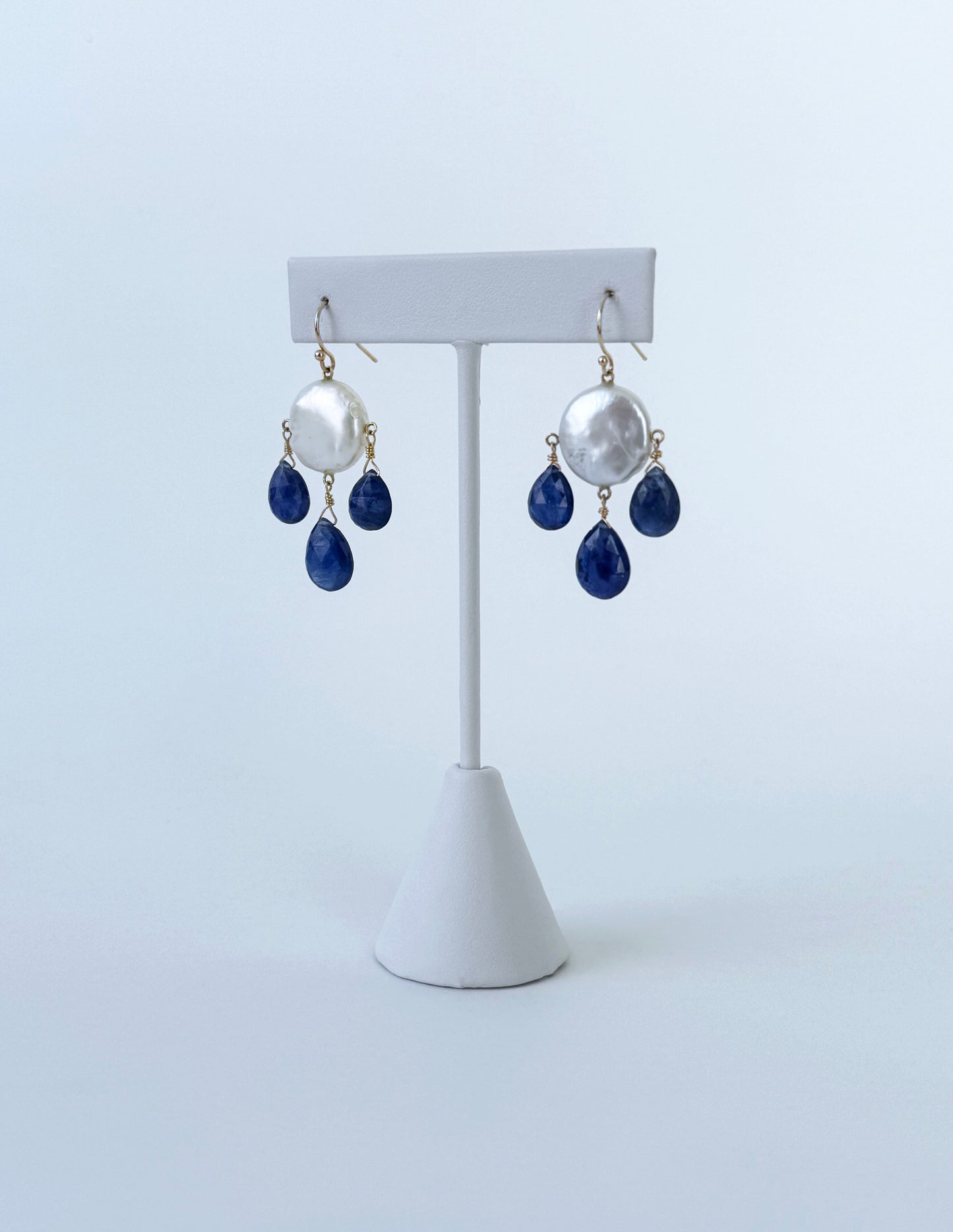 Blue Kyanite & Pearl Chandelier Earrings with Solid 14k Yellow Gold