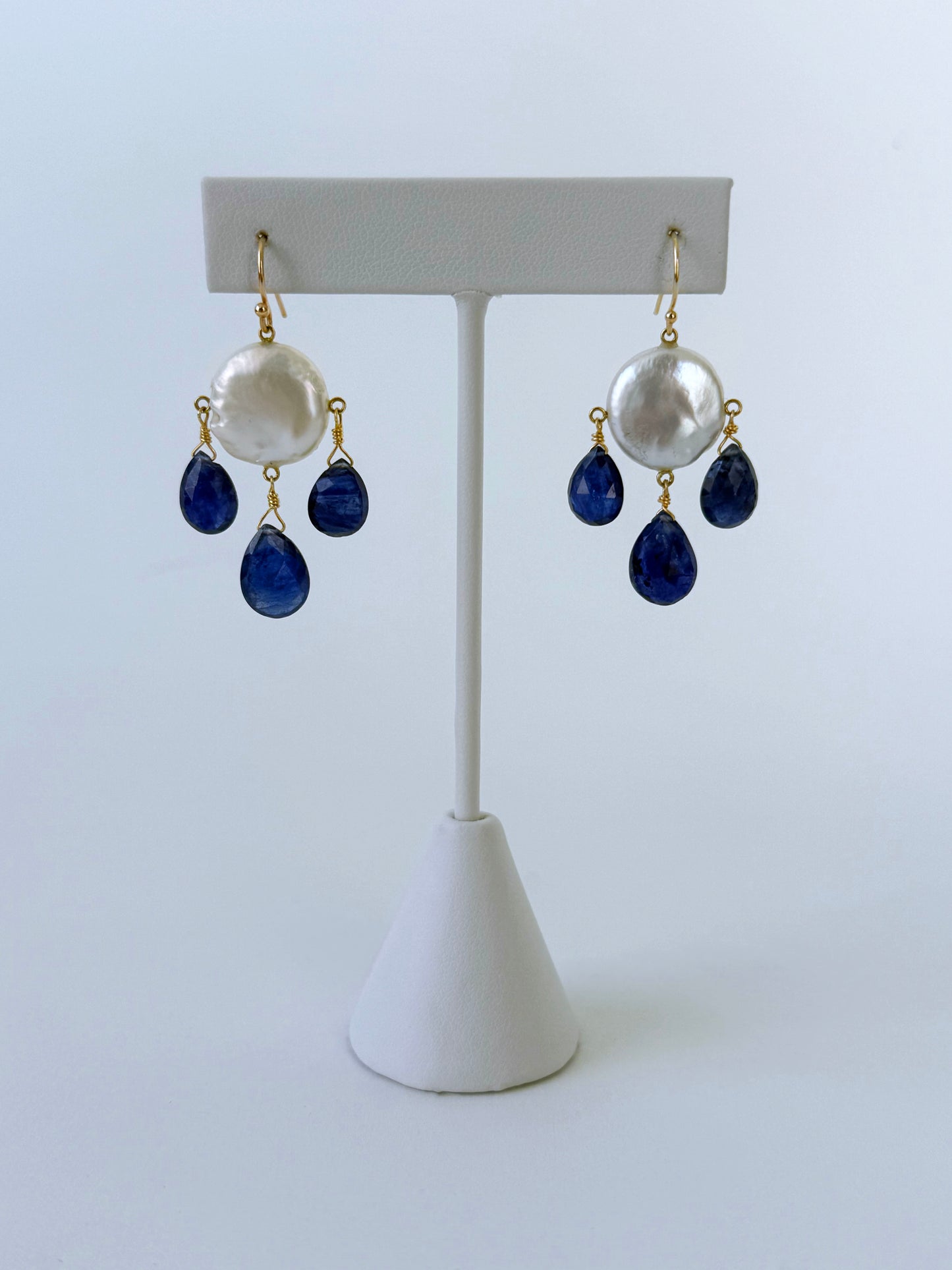 Blue Kyanite & Pearl Chandelier Earrings with Solid 14k Yellow Gold
