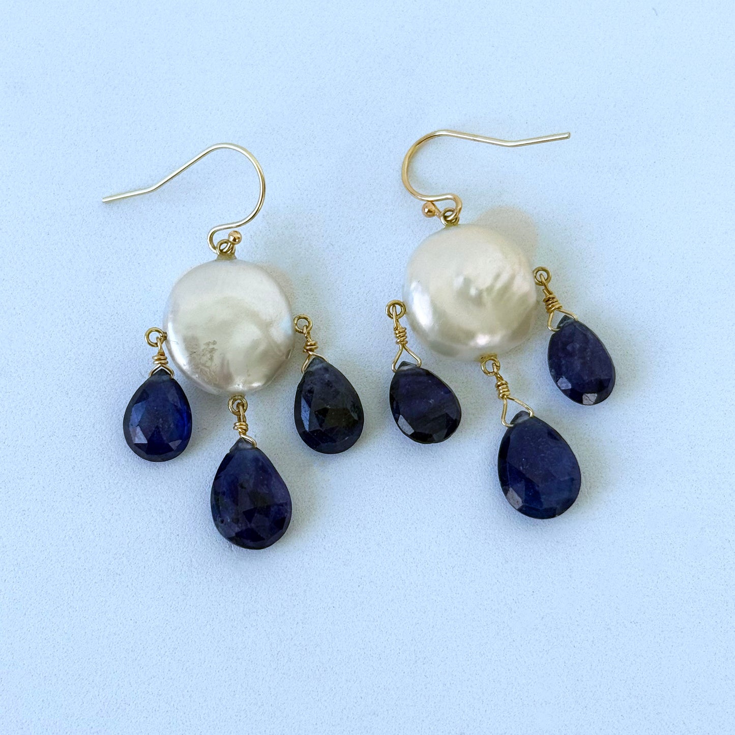 Blue Kyanite & Pearl Chandelier Earrings with Solid 14k Yellow Gold