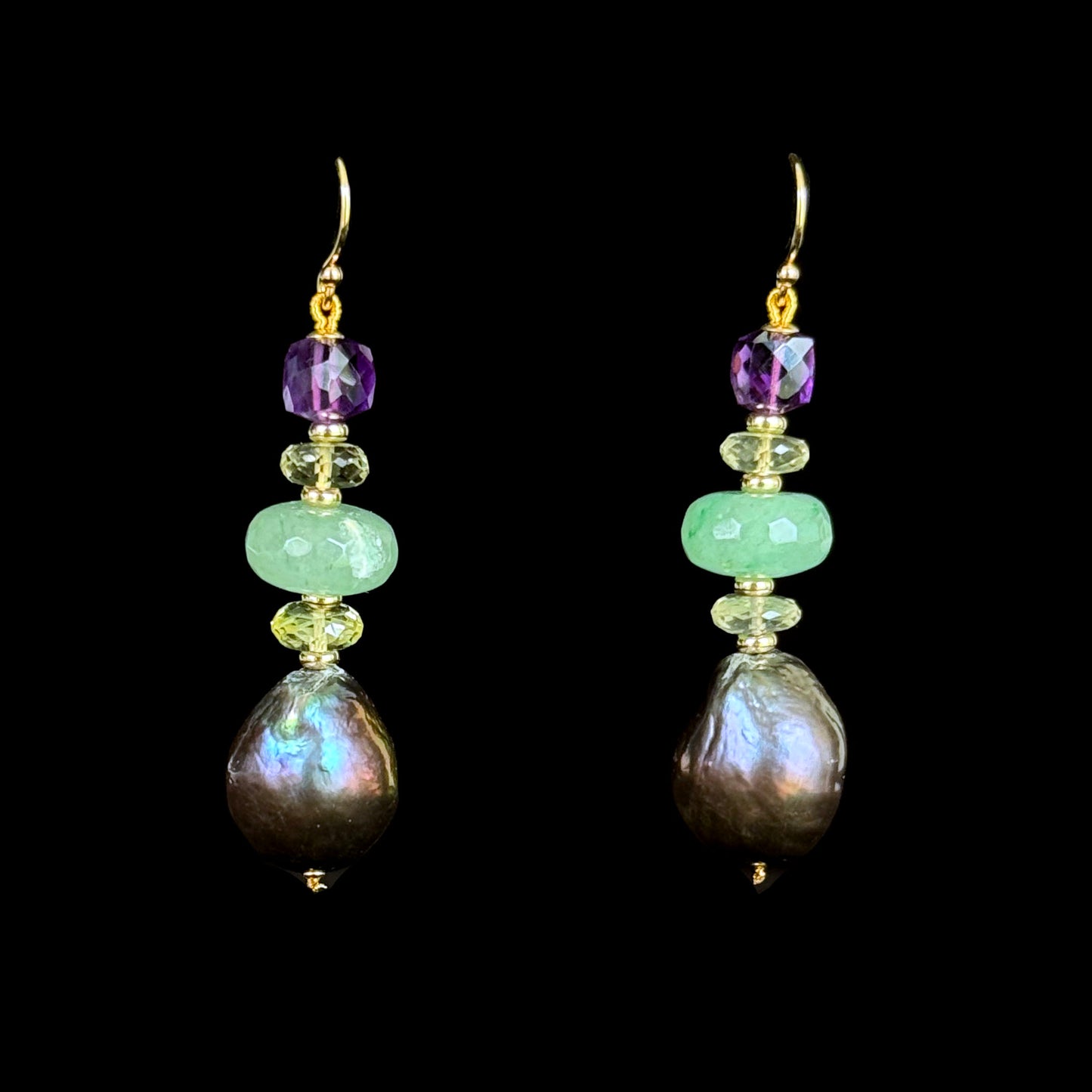 Baroque Black Pearl, Amethyst, Chalcedony, Citrine & Solid 14k Earrings