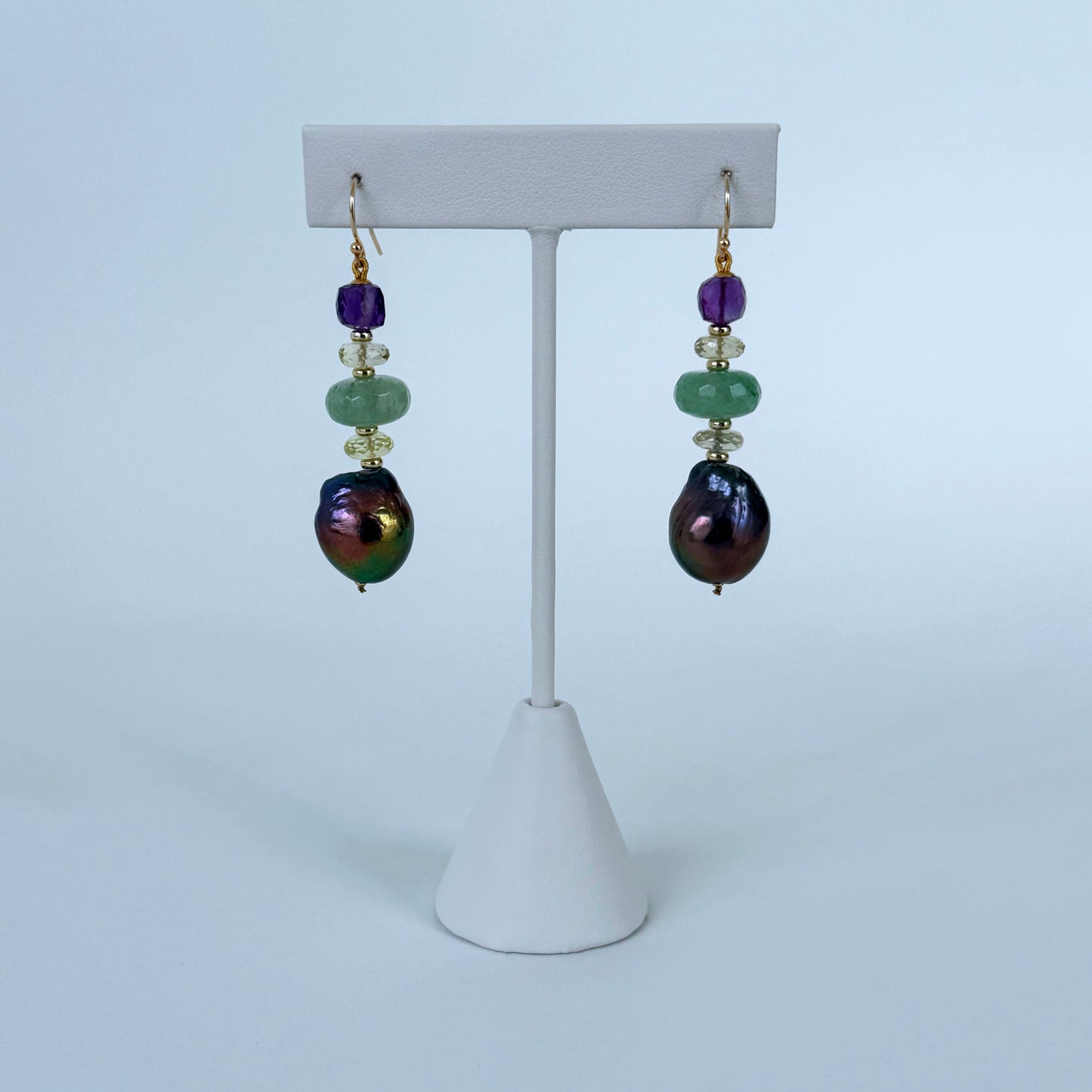 Baroque Black Pearl, Amethyst, Chalcedony, Citrine & Solid 14k Earrings