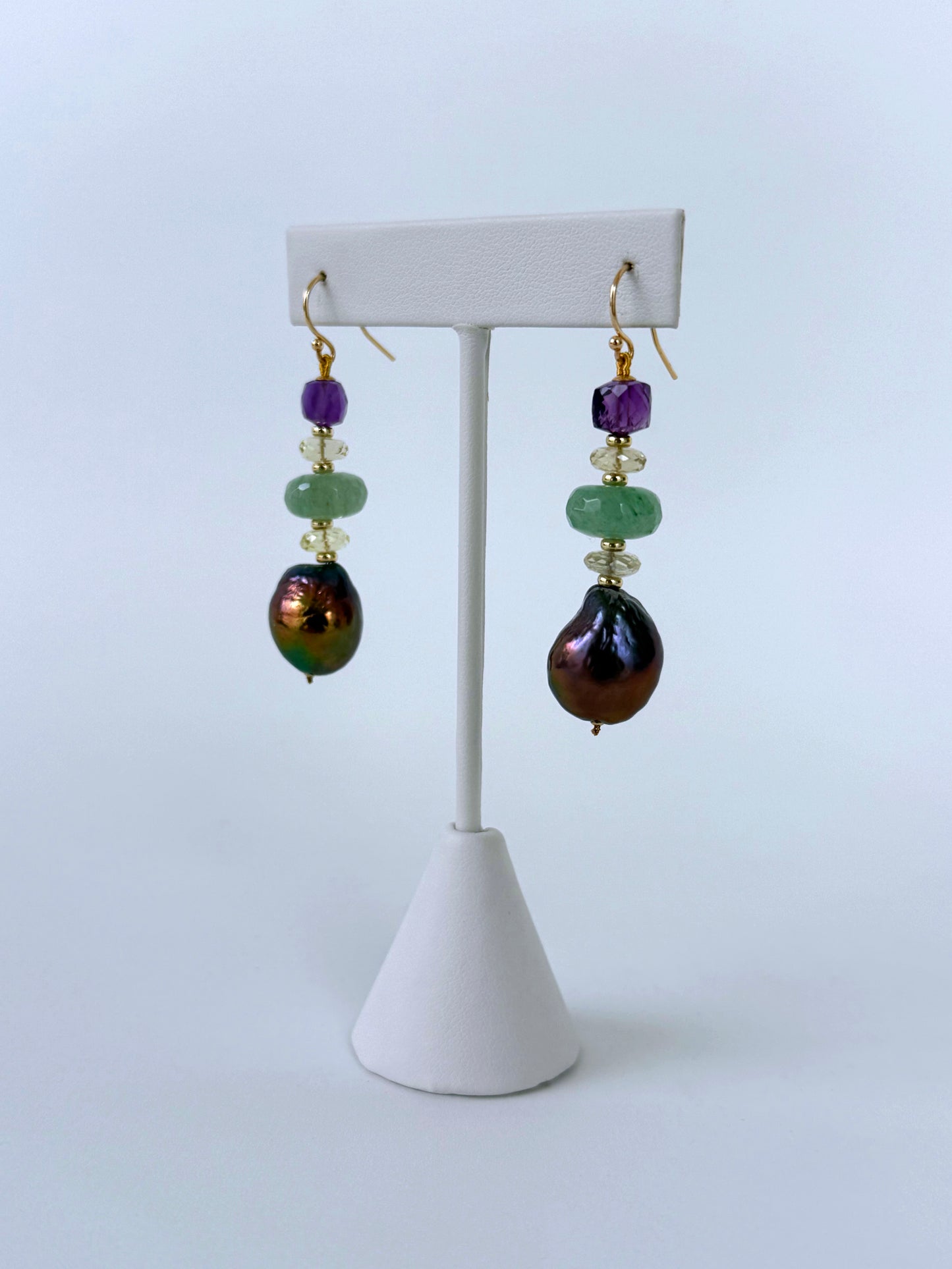 Baroque Black Pearl, Amethyst, Chalcedony, Citrine & Solid 14k Earrings