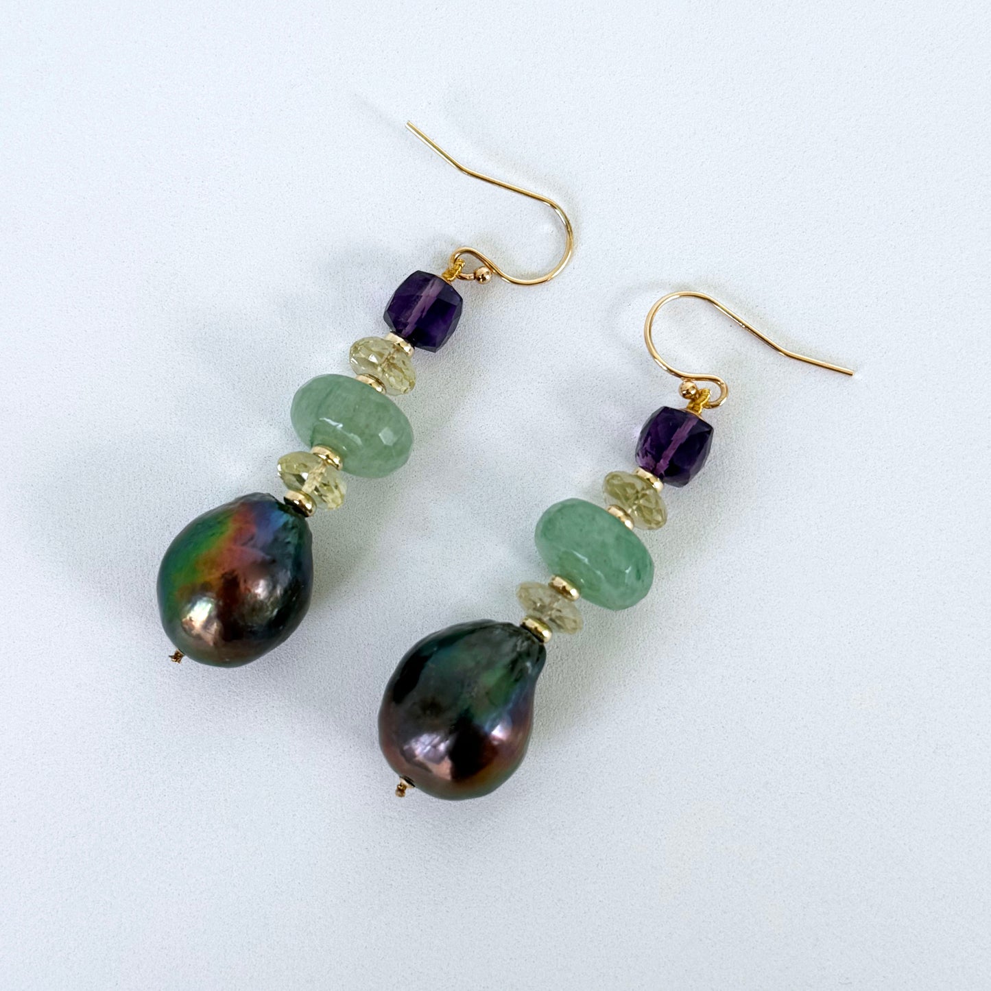 Baroque Black Pearl, Amethyst, Chalcedony, Citrine & Solid 14k Earrings