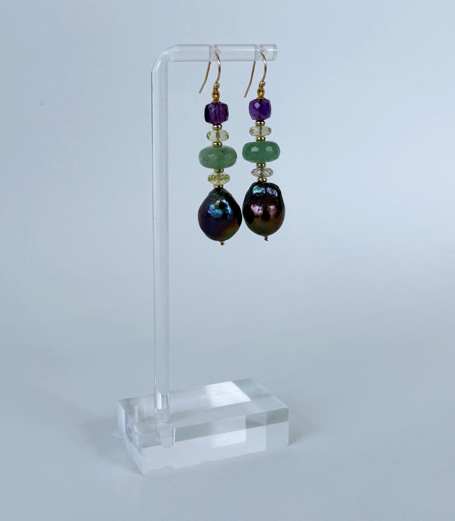 Baroque Black Pearl, Amethyst, Chalcedony, Citrine & Solid 14k Earrings