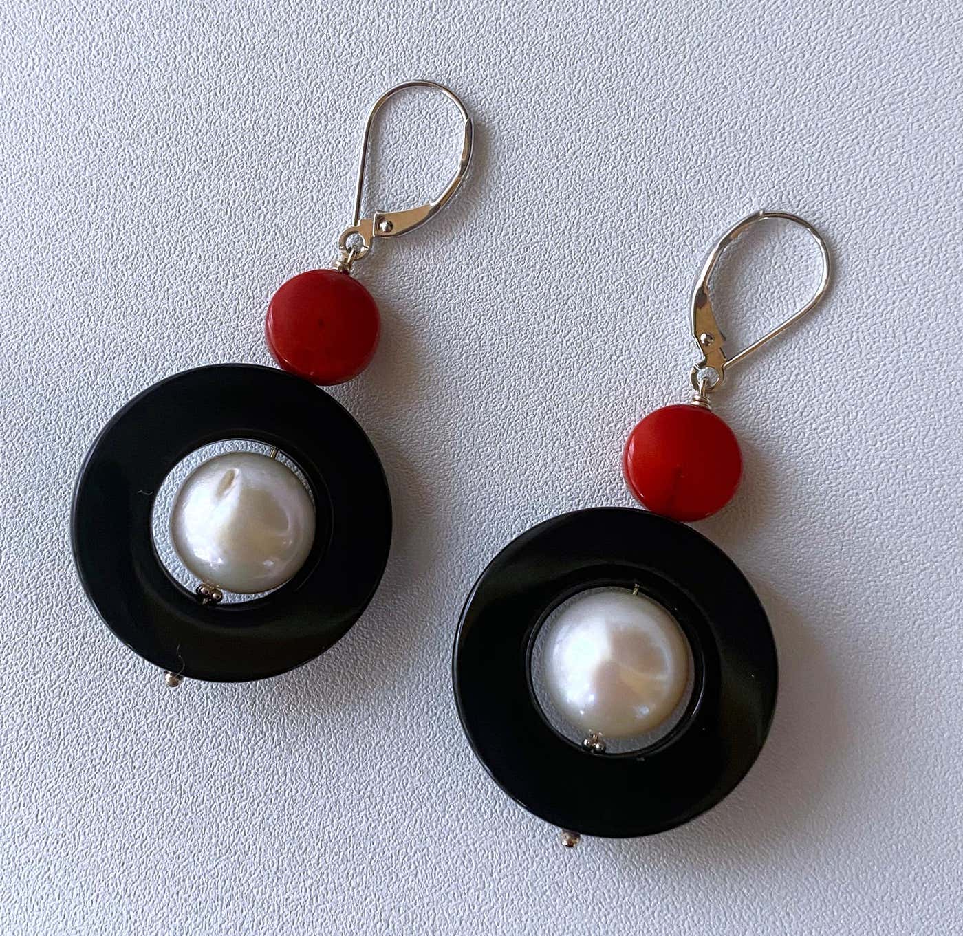 14k Gold, Pearl, Black Onyx & Mediterranean Coral Lever Back Earrings