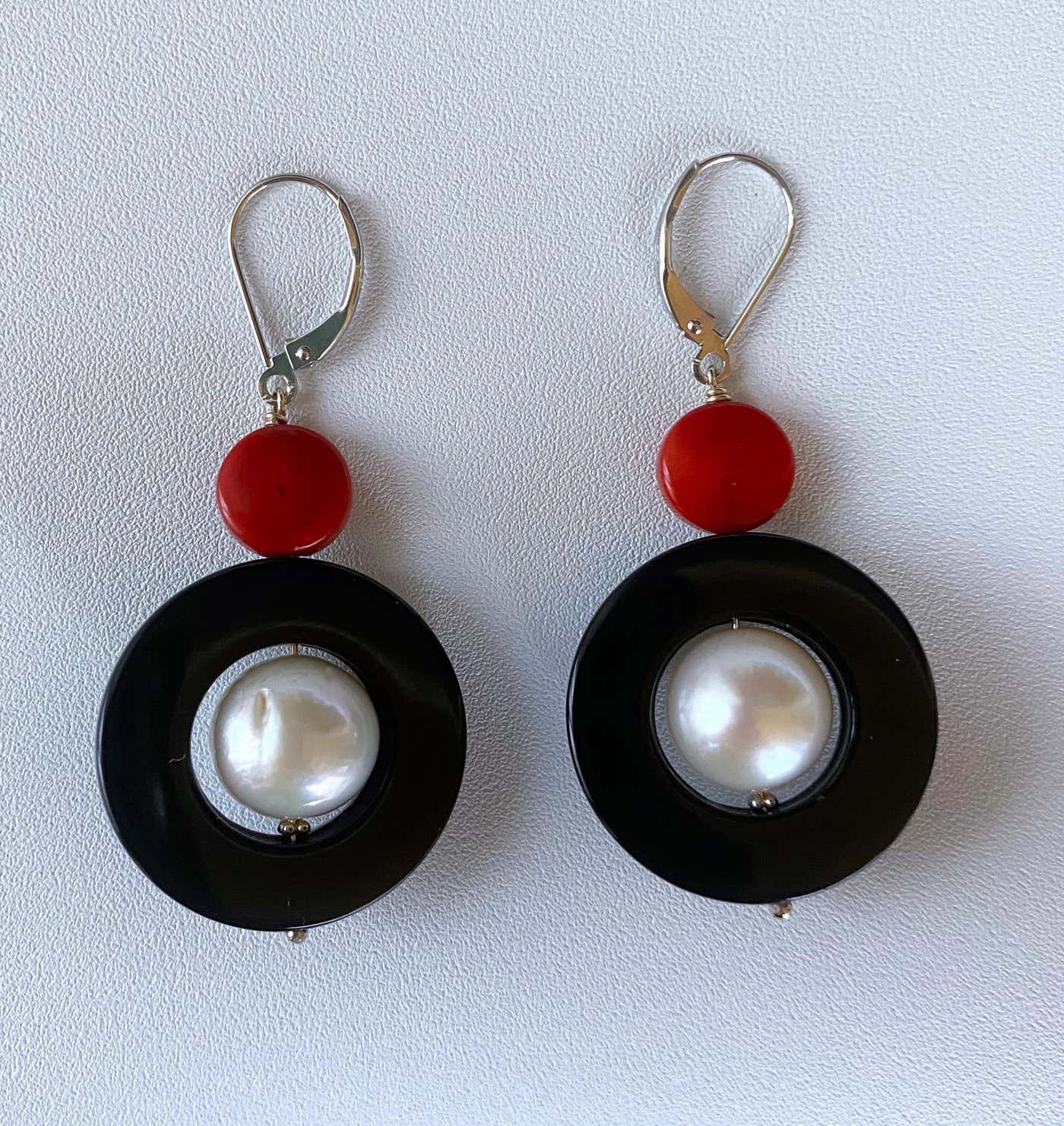 14k Gold, Pearl, Black Onyx & Mediterranean Coral Lever Back Earrings