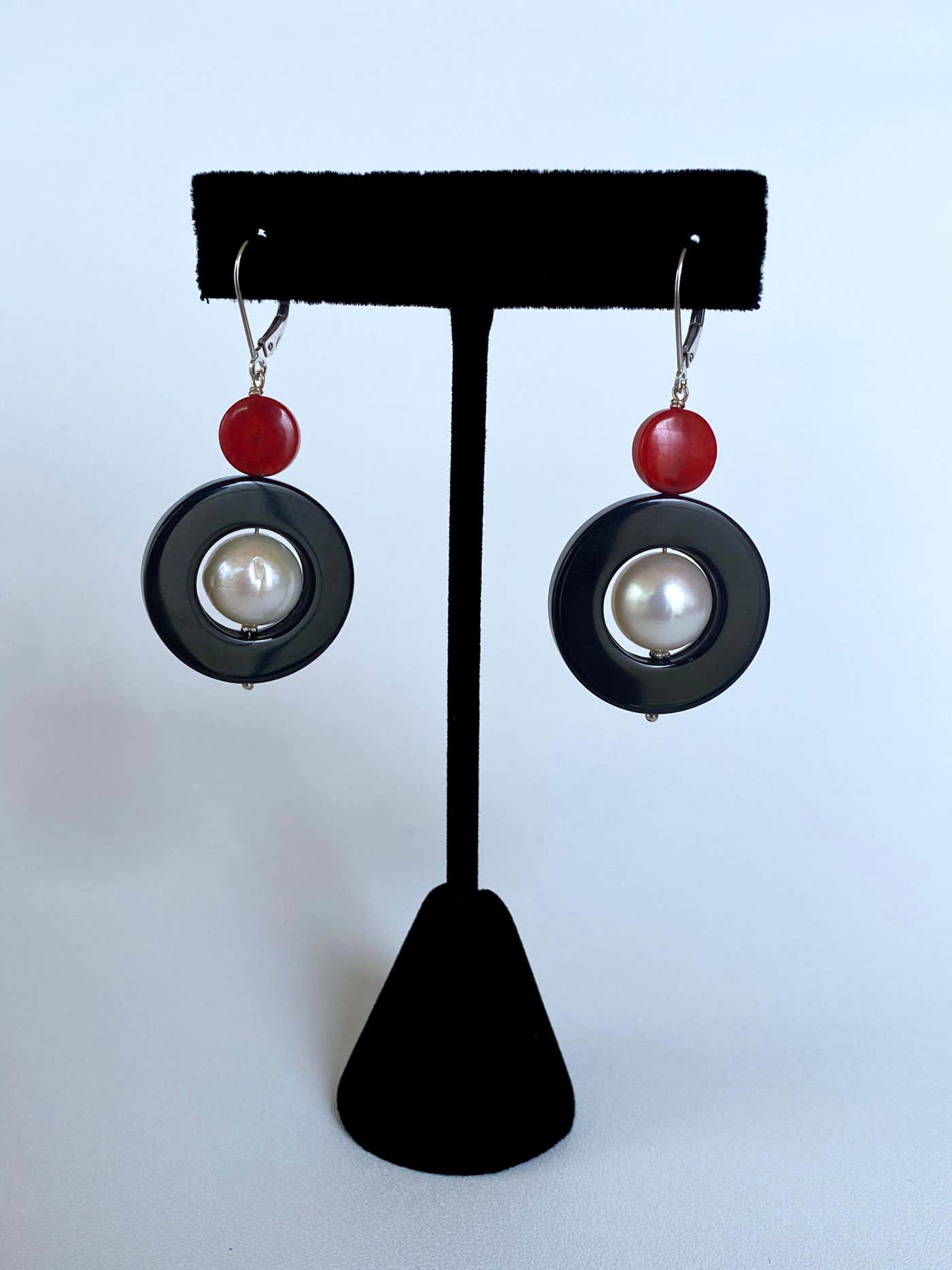 14k Gold, Pearl, Black Onyx & Mediterranean Coral Lever Back Earrings