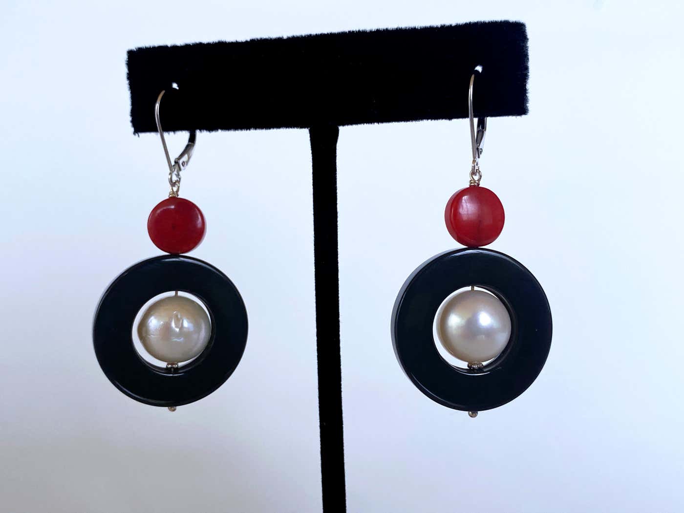 14k Gold, Pearl, Black Onyx & Mediterranean Coral Lever Back Earrings