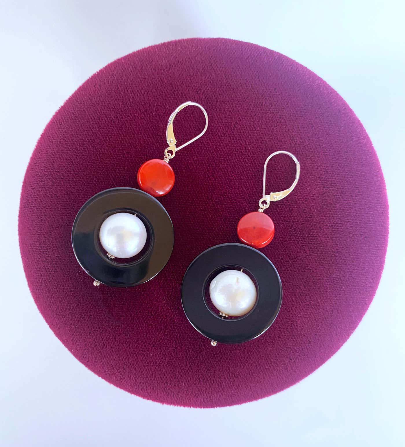 14k Gold, Pearl, Black Onyx & Mediterranean Coral Lever Back Earrings