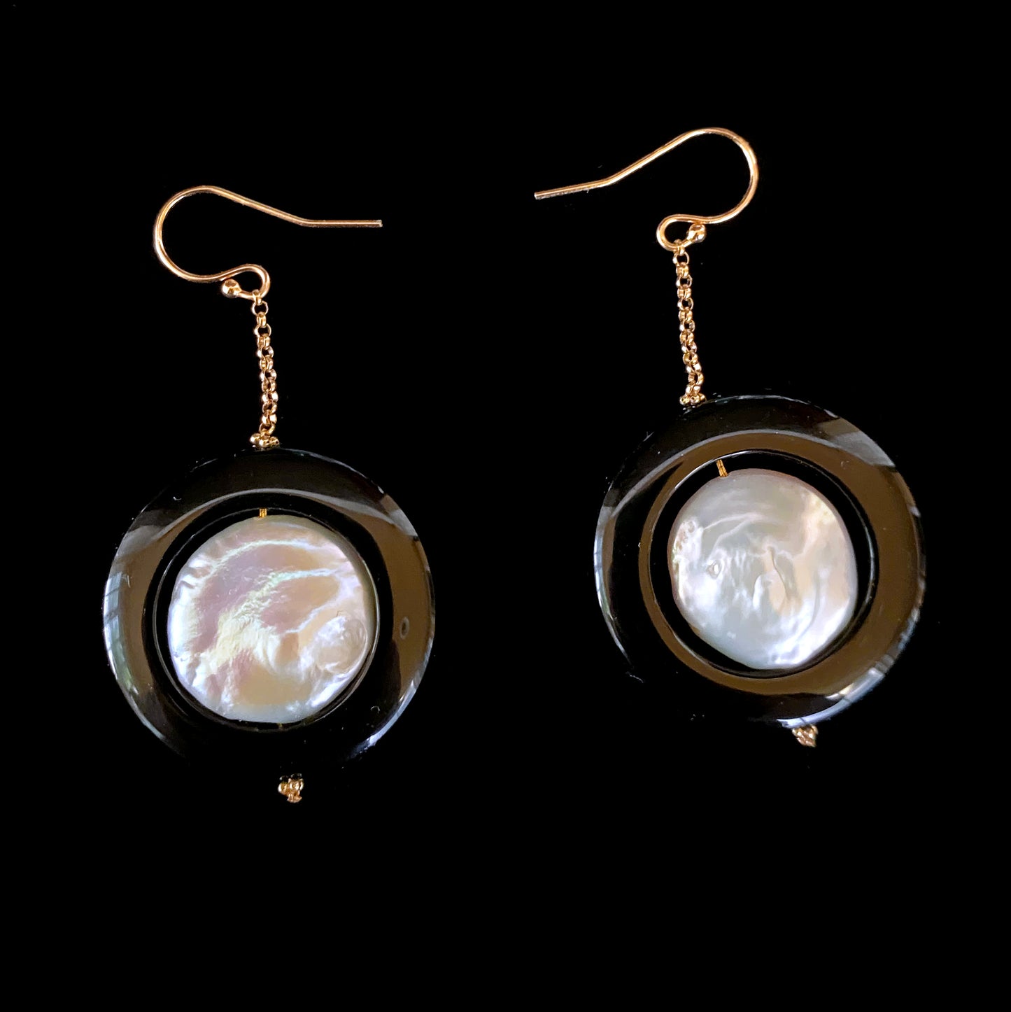 Pearl & Black Onyx Dangle Earrings with solid 14k Yellow Gold