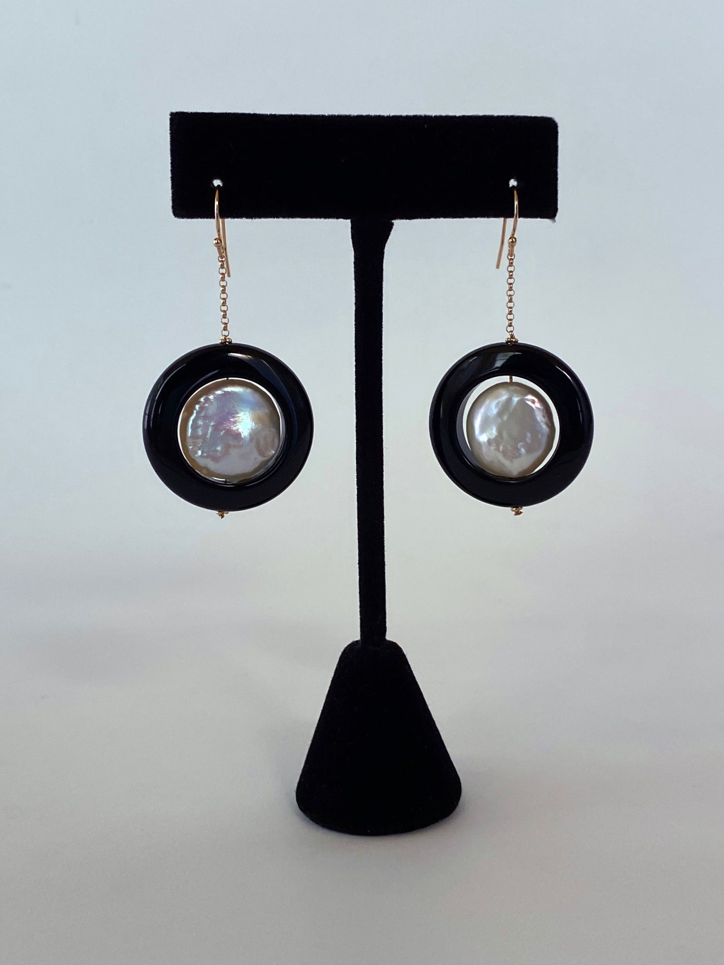 Pearl & Black Onyx Dangle Earrings with solid 14k Yellow Gold