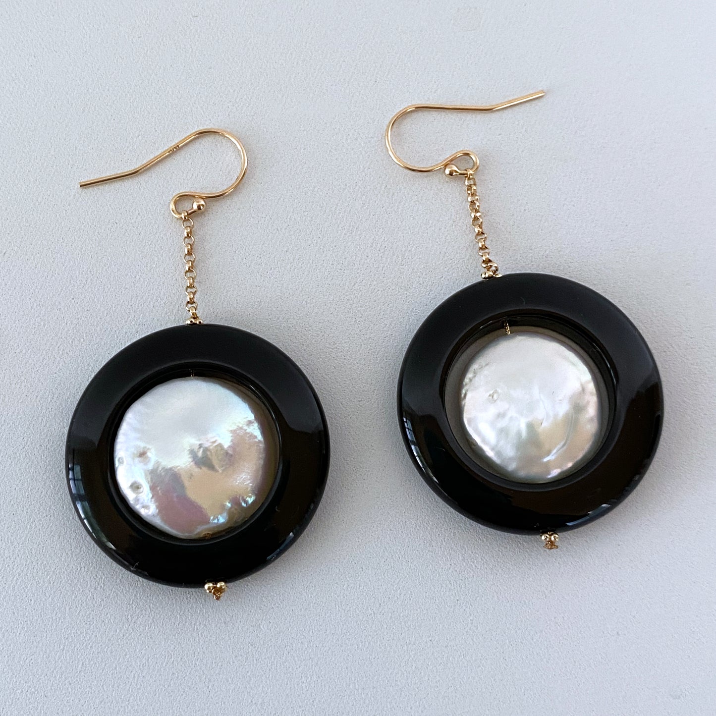 Pearl & Black Onyx Dangle Earrings with solid 14k Yellow Gold
