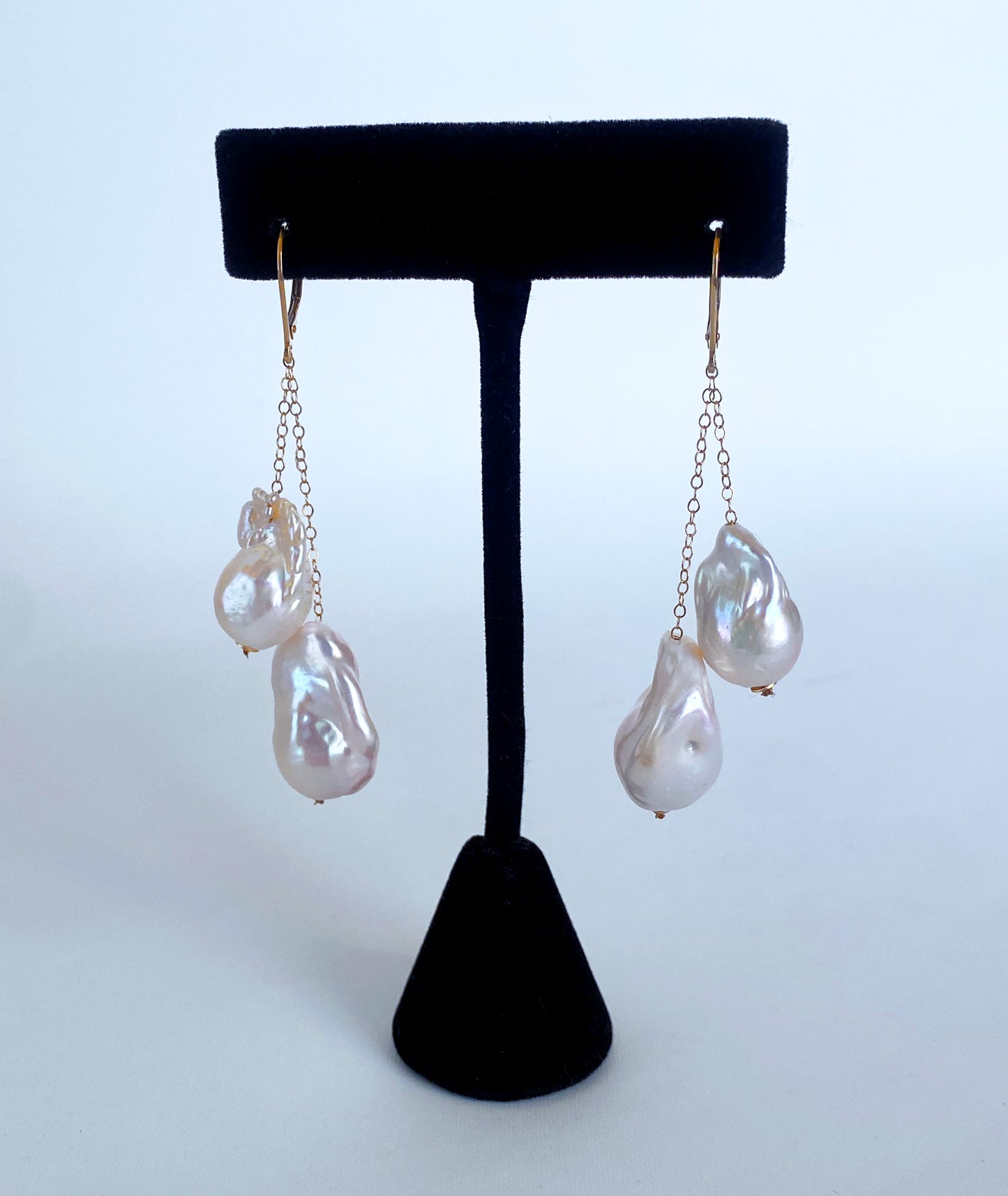 Solid 14k Yellow Gold Dangle Baroque Pearl Earrings w Lever Back Hooks