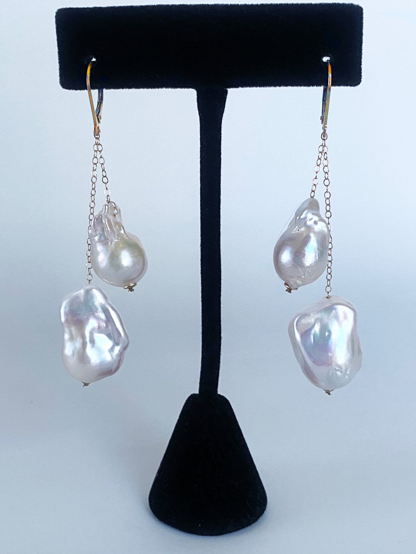 Solid 14k Yellow Gold Dangle Baroque Pearl Earrings w Lever Back Hooks
