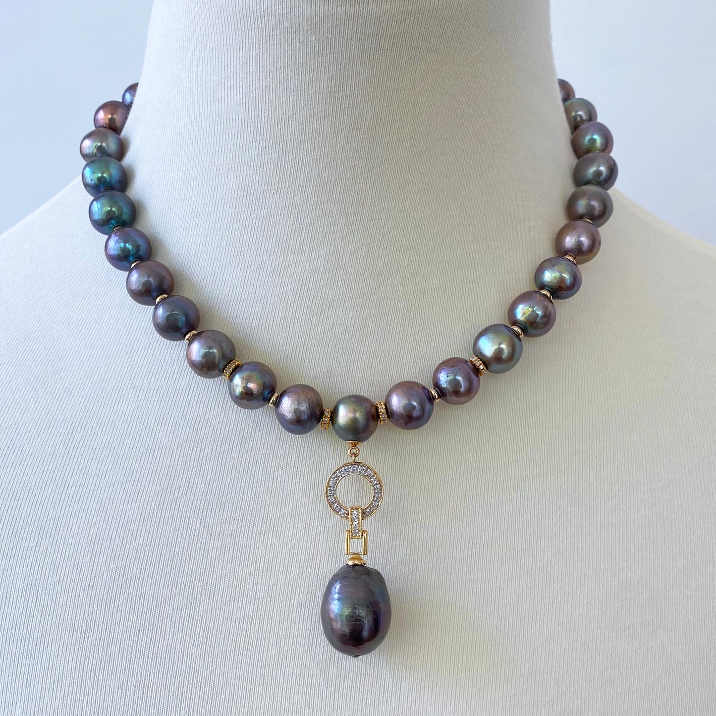 One Of A Kind Black Pearl Necklace with Diamonds & Solid 14k Yellow Gold