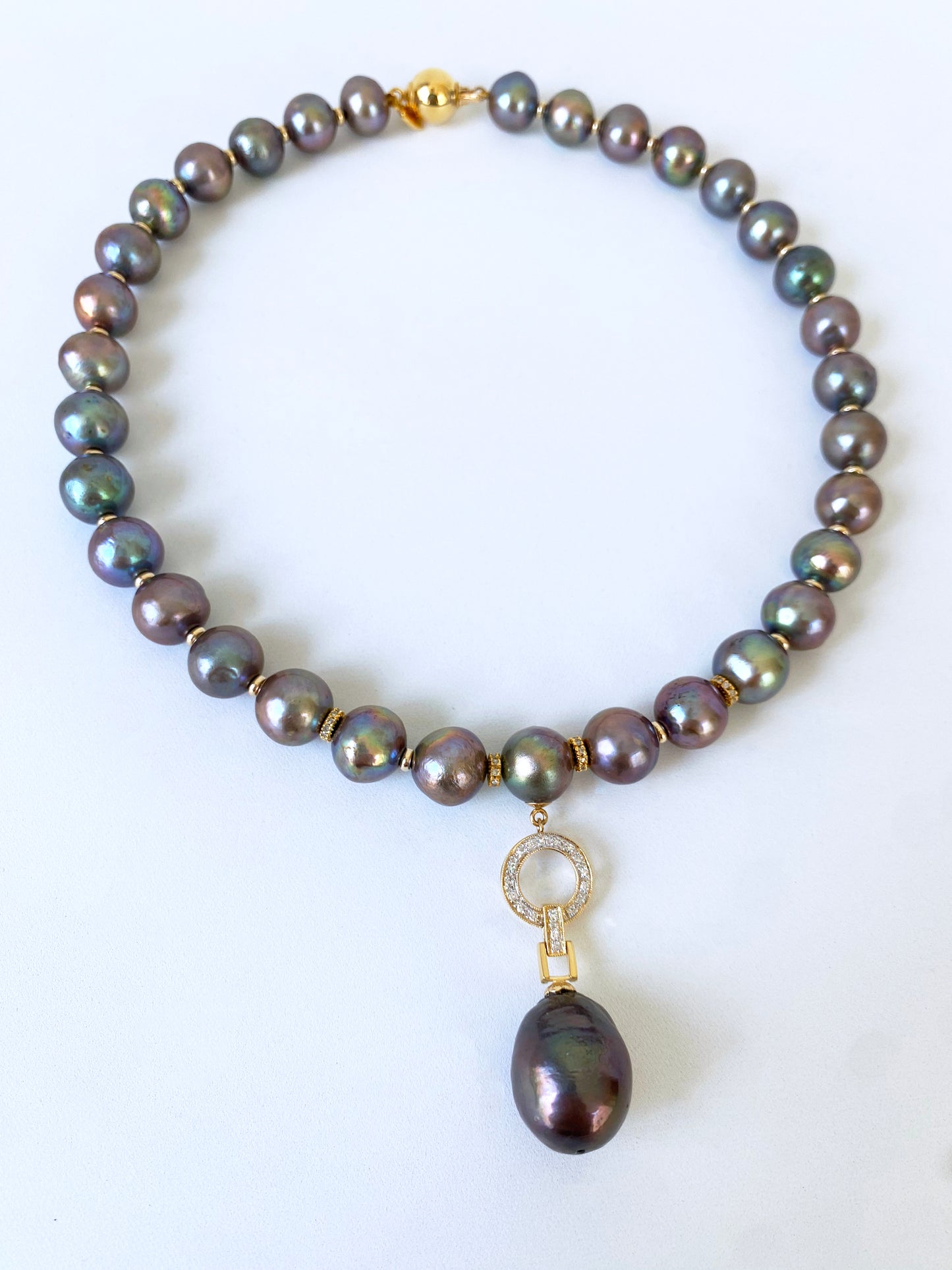 One Of A Kind Black Pearl Necklace with Diamonds & Solid 14k Yellow Gold