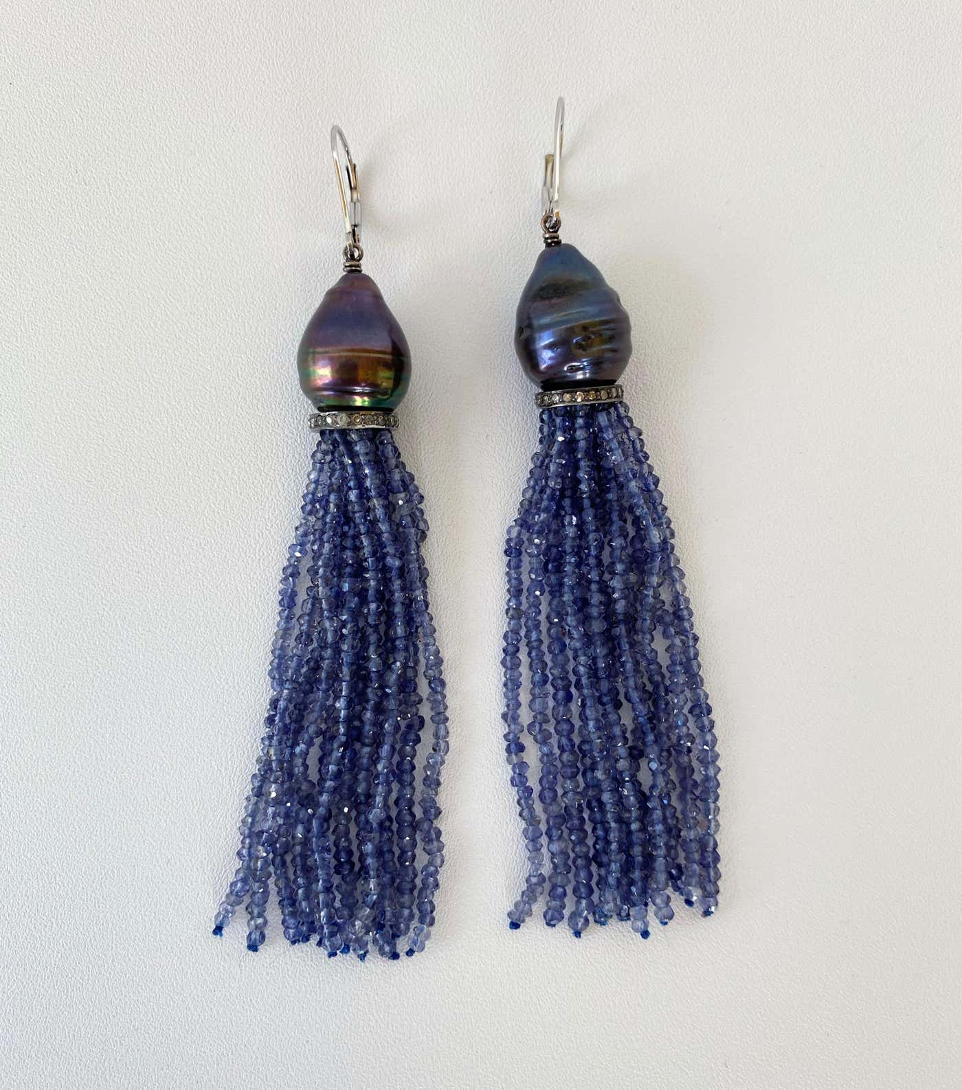 Baroque Black Pearl & Iolite Bead Tassel Earrings with Silver and Gold