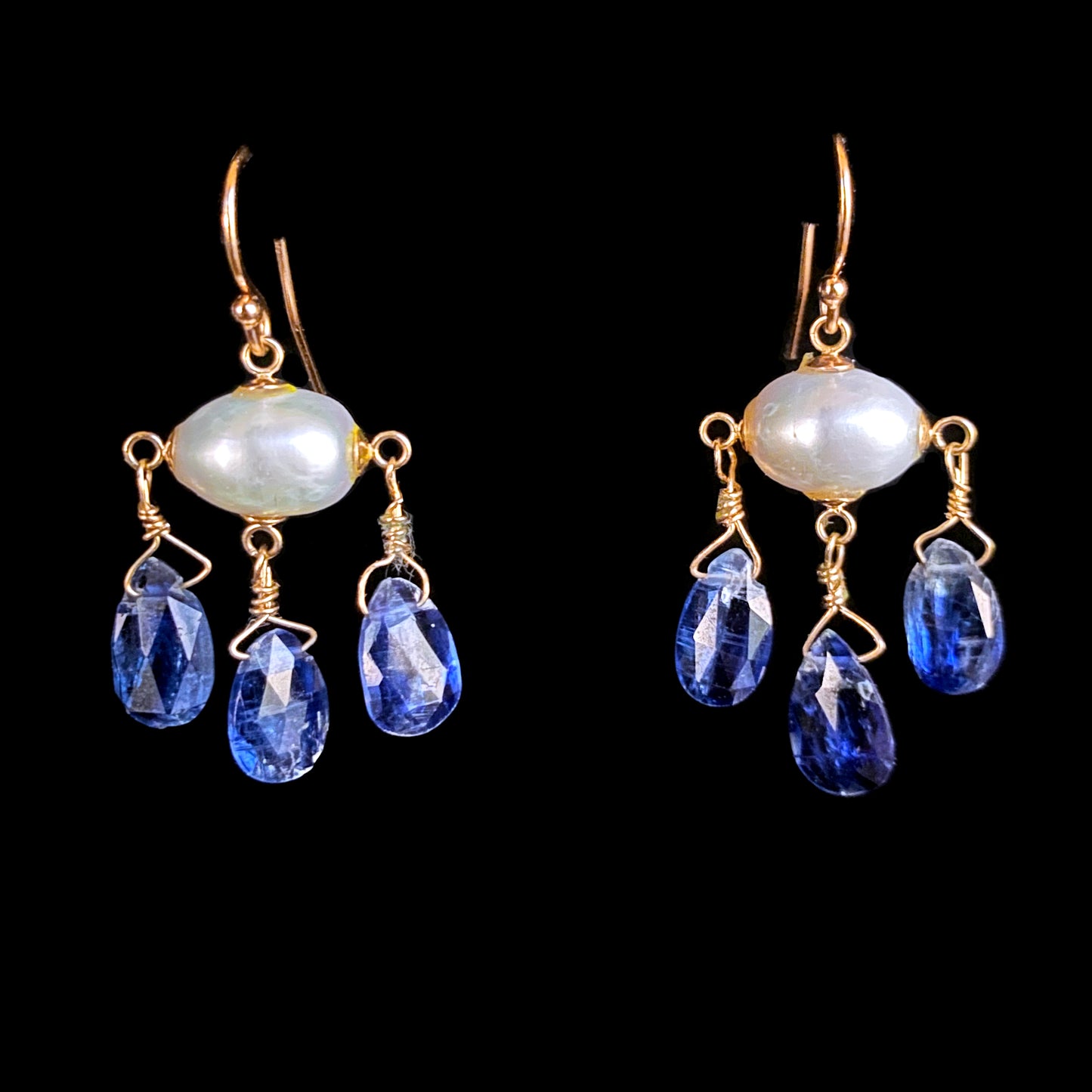 Blue Kyanite, Pearl & Solid 14k Yellow Gold Chandelier Earrings