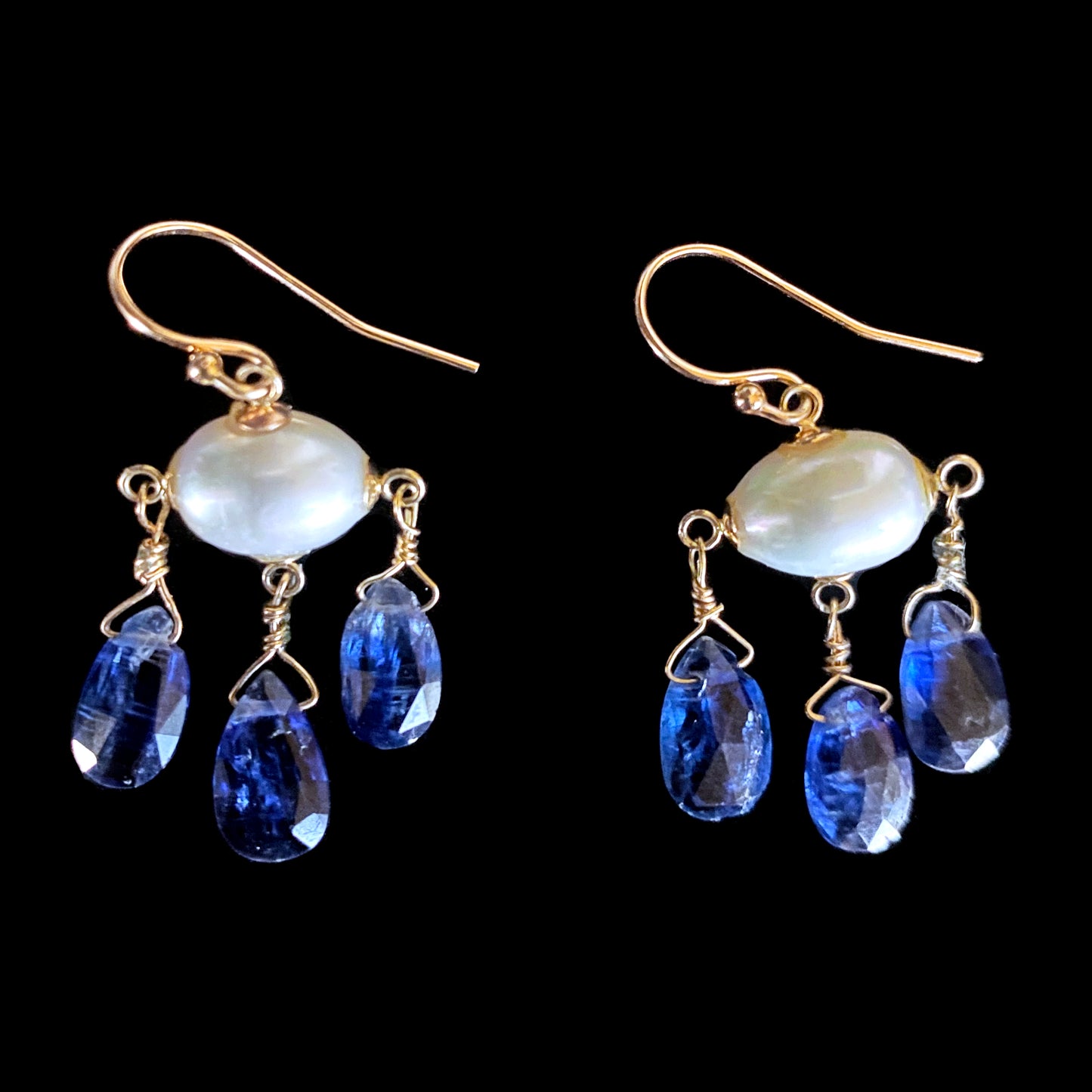 Blue Kyanite, Pearl & Solid 14k Yellow Gold Chandelier Earrings