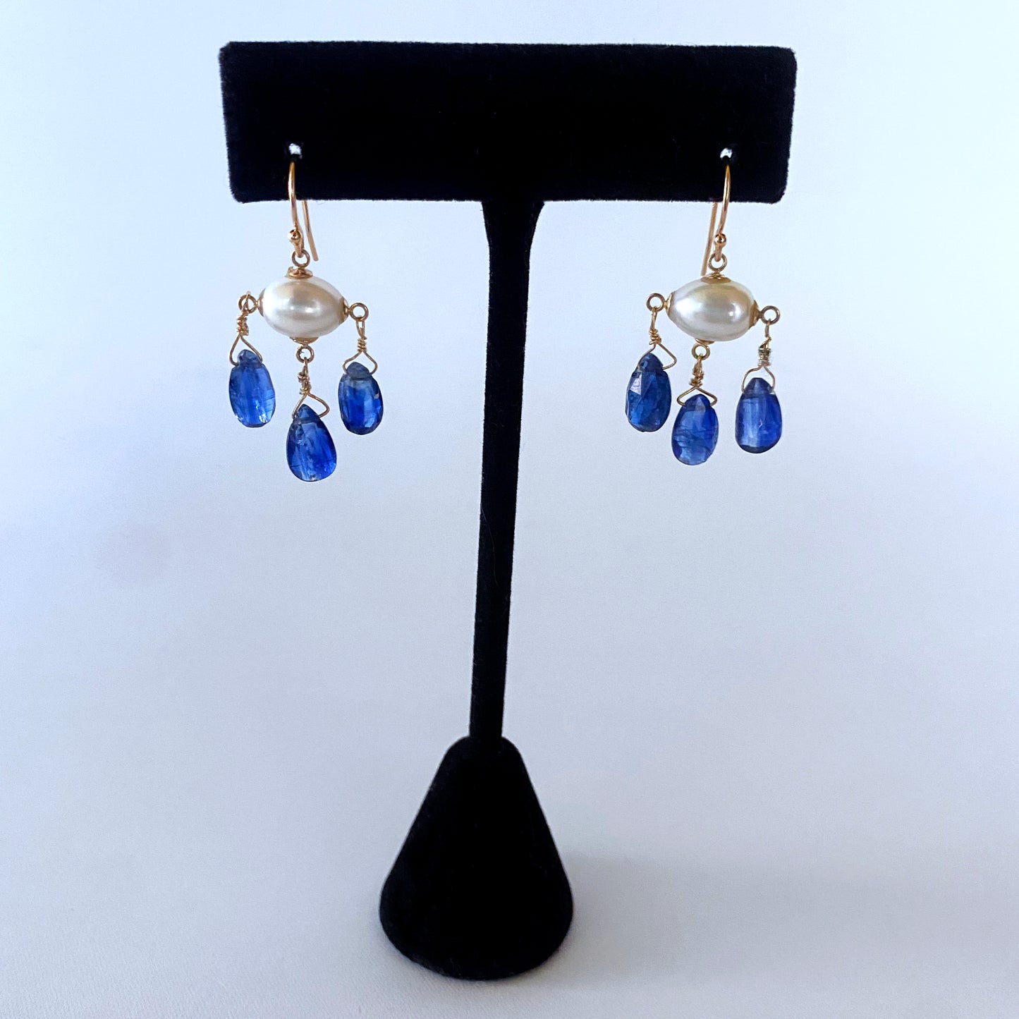 Blue Kyanite, Pearl & Solid 14k Yellow Gold Chandelier Earrings