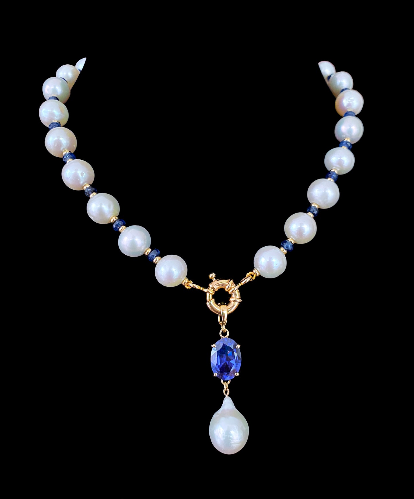 Blue Sapphire, Pearl & Solid 14k Yellow Gold Necklace