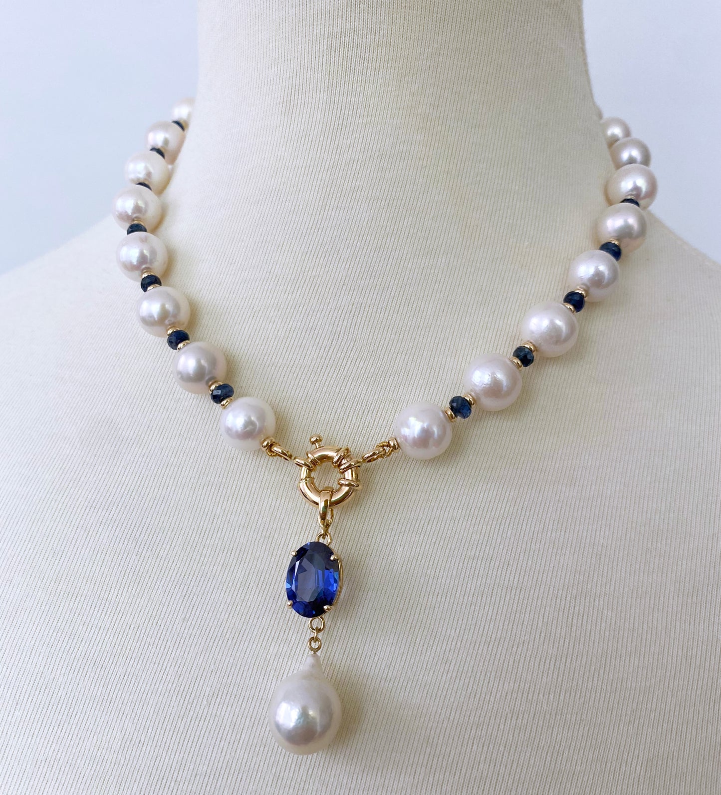 Blue Sapphire, Pearl & Solid 14k Yellow Gold Necklace