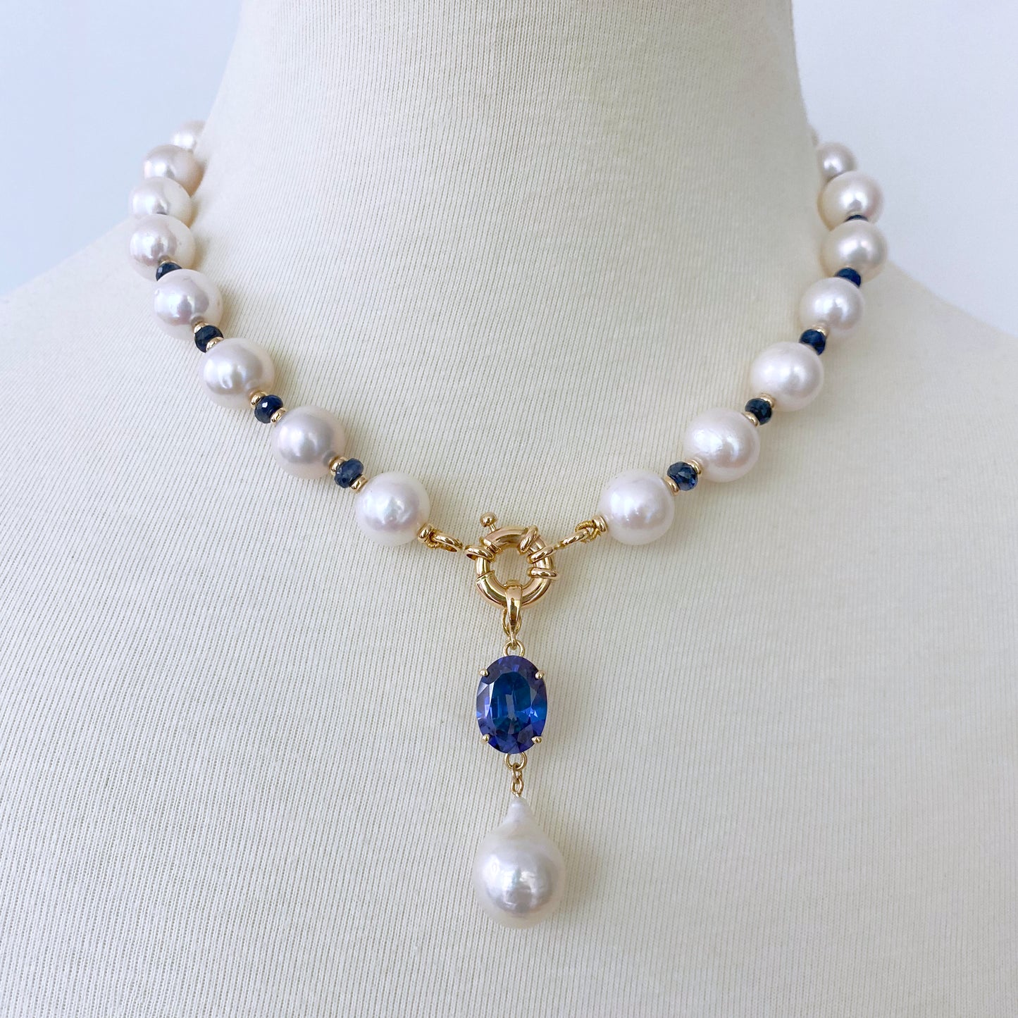 Blue Sapphire, Pearl & Solid 14k Yellow Gold Necklace