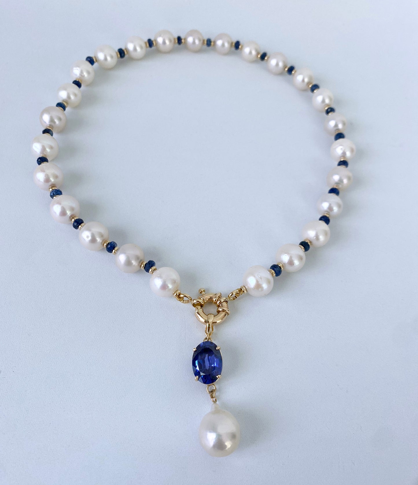 Blue Sapphire, Pearl & Solid 14k Yellow Gold Necklace