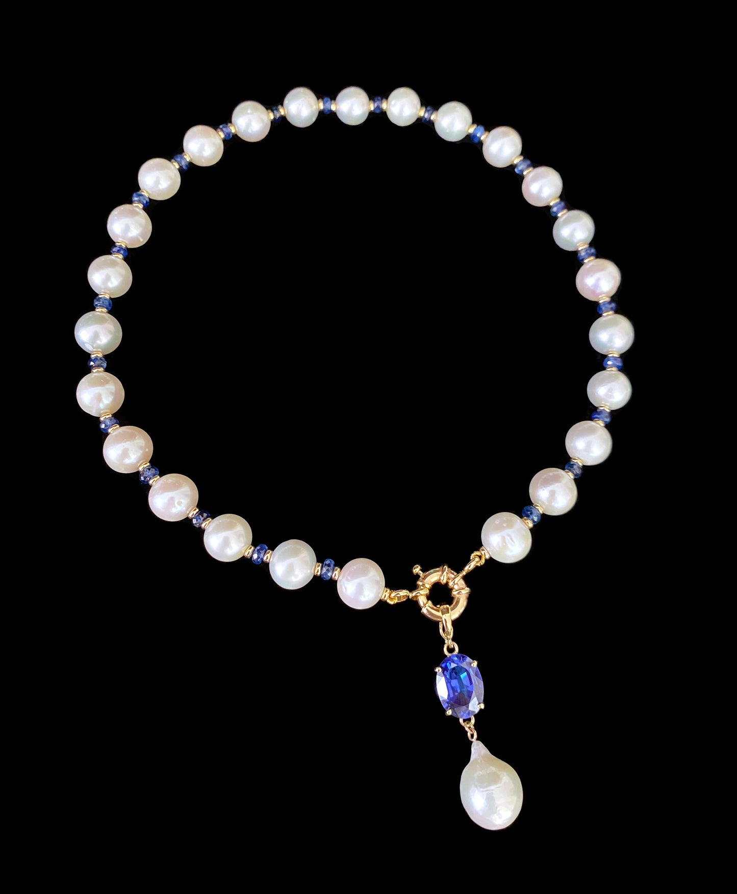 Blue Sapphire, Pearl & Solid 14k Yellow Gold Necklace