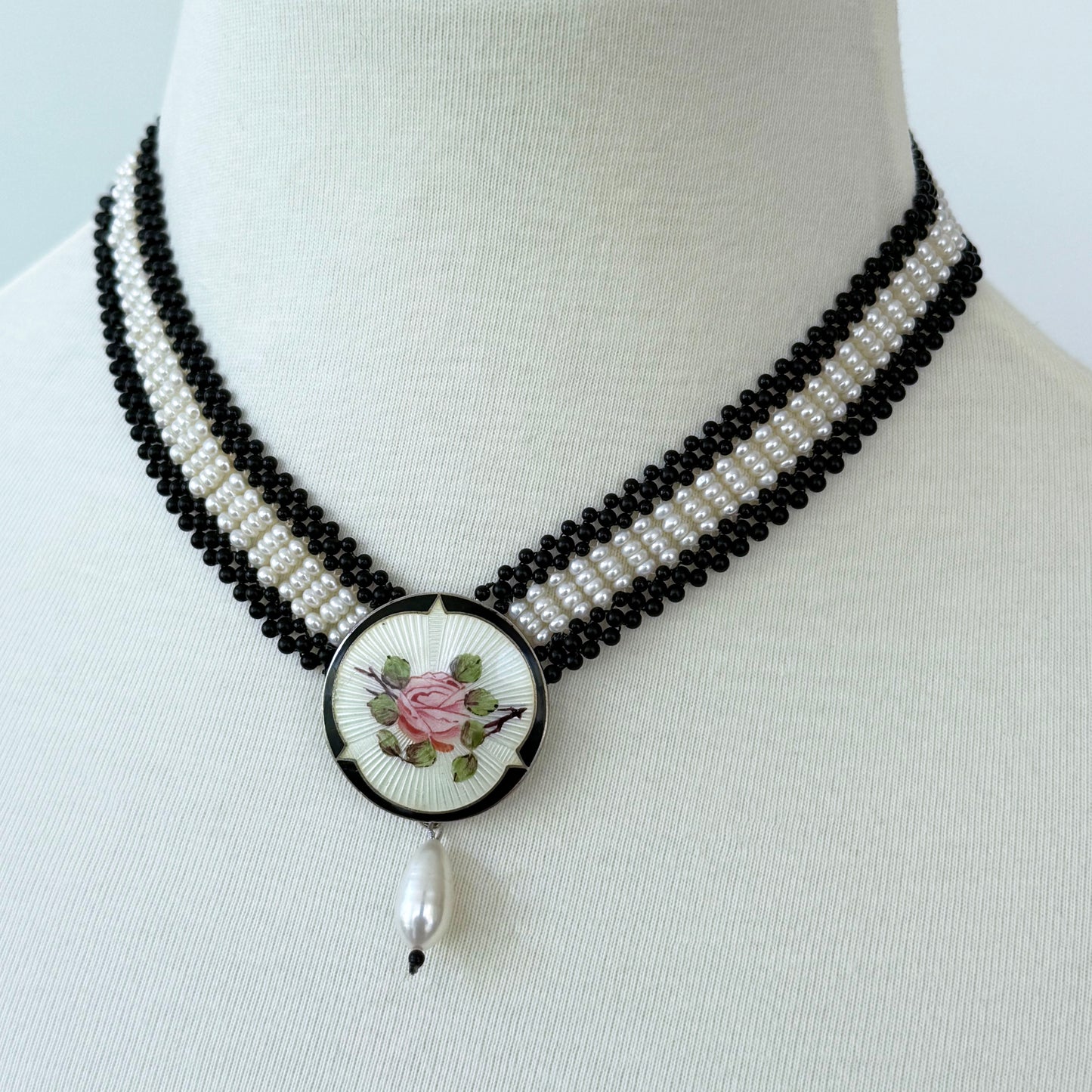 Black Onyx, Pearl & Silver Necklace with Vintage Enamel Centerpiece