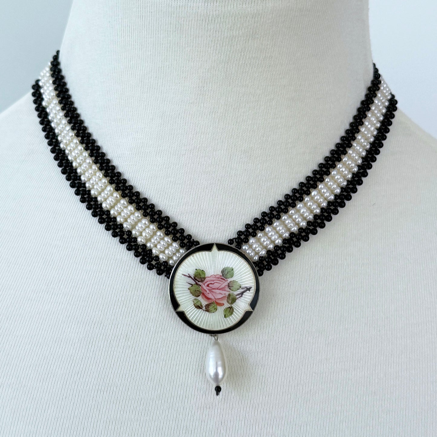 Black Onyx, Pearl & Silver Necklace with Vintage Enamel Centerpiece