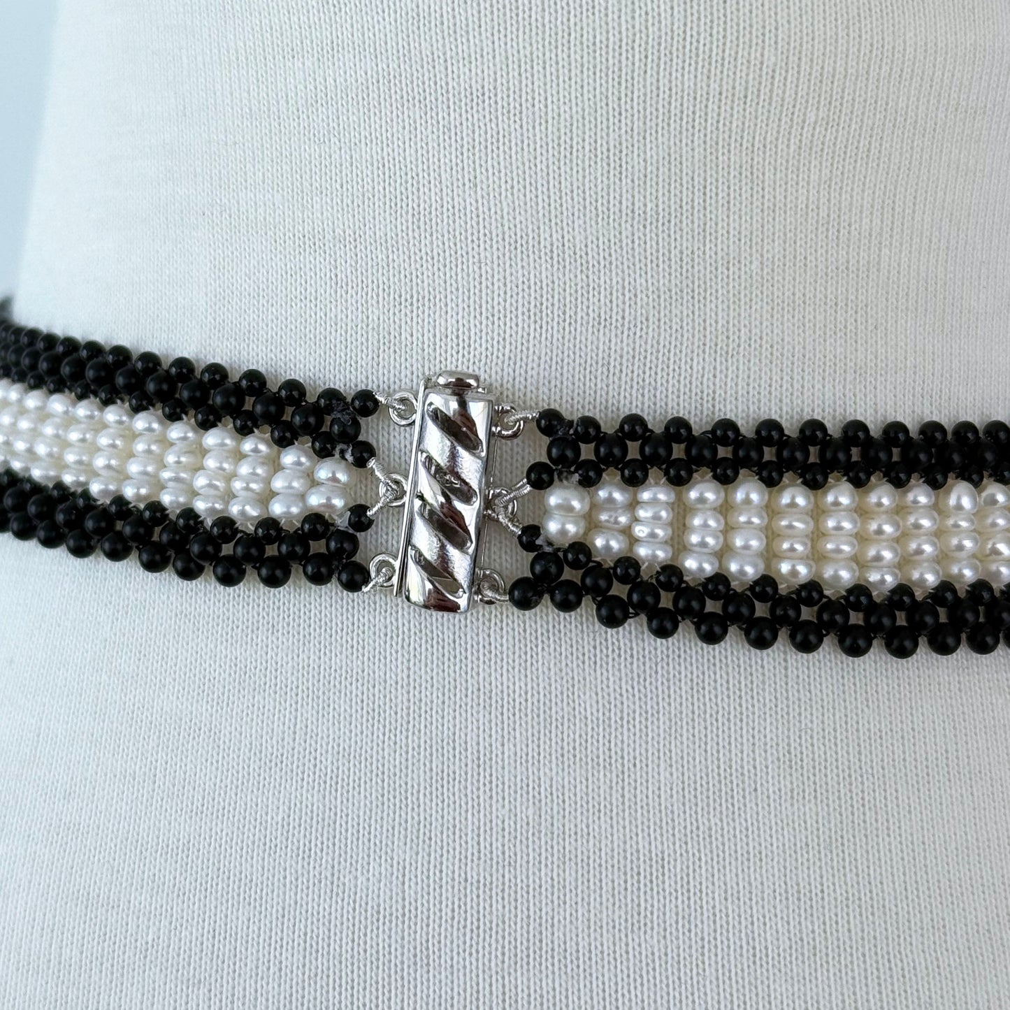 Black Onyx, Pearl & Silver Necklace with Vintage Enamel Centerpiece