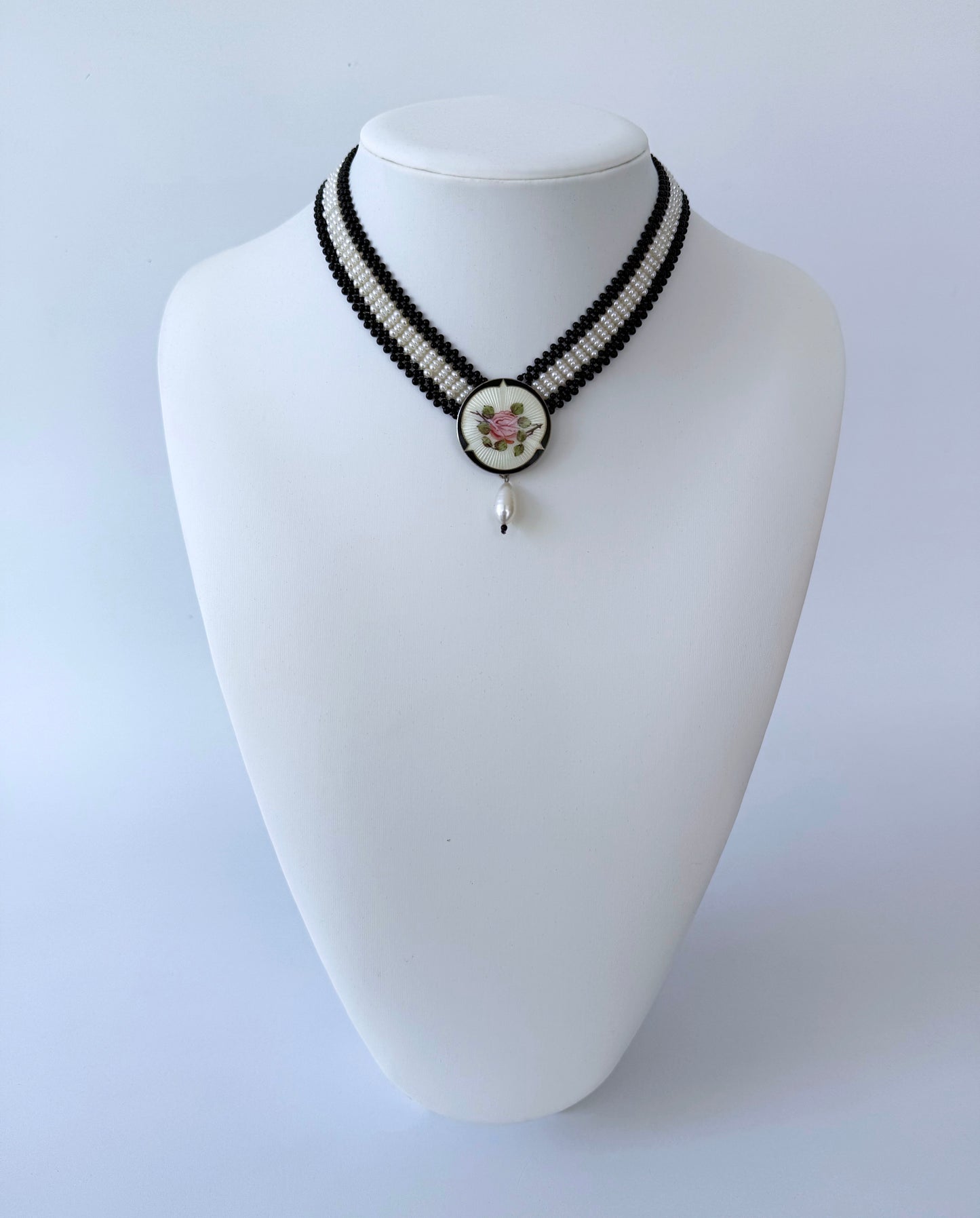 Black Onyx, Pearl & Silver Necklace with Vintage Enamel Centerpiece