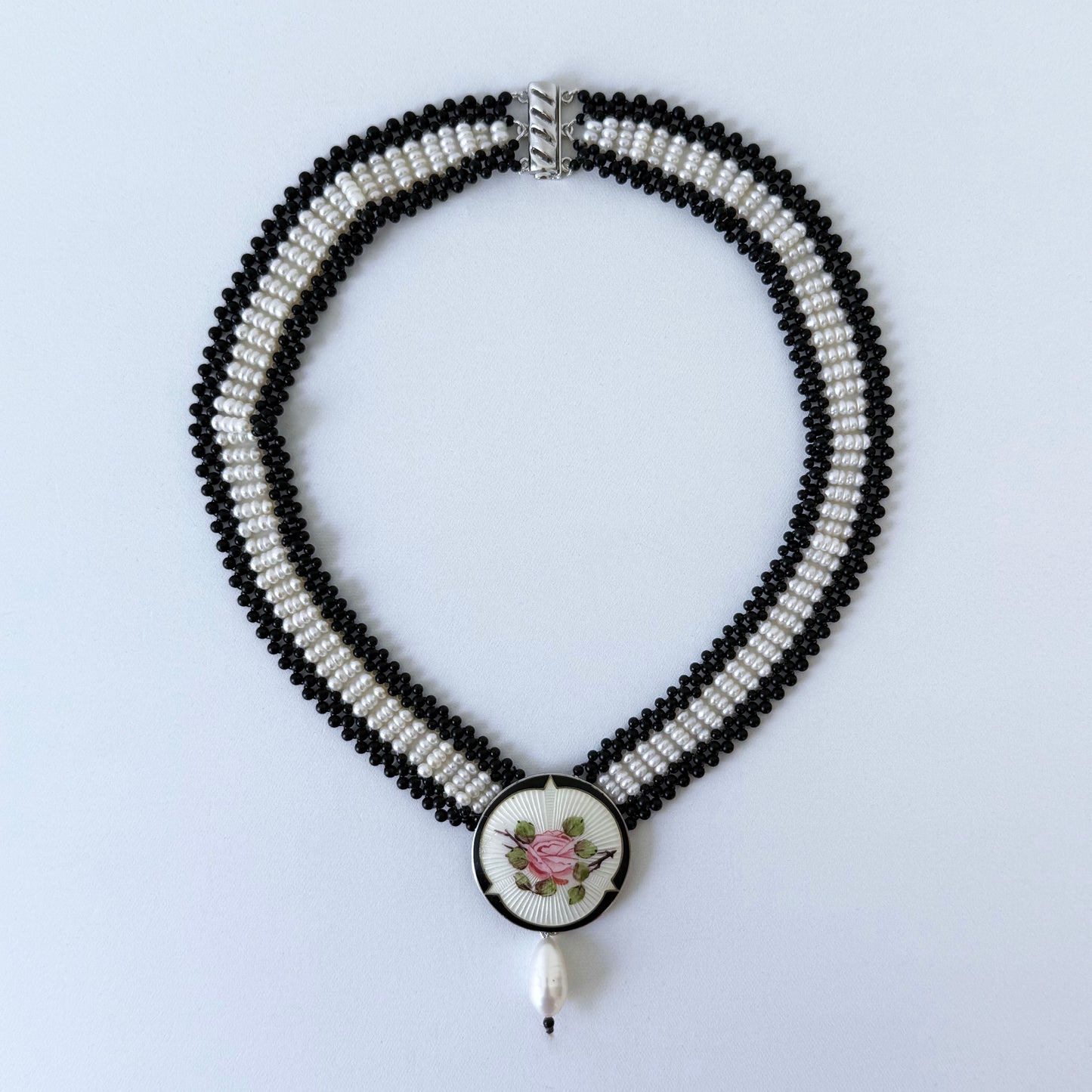 Black Onyx, Pearl & Silver Necklace with Vintage Enamel Centerpiece