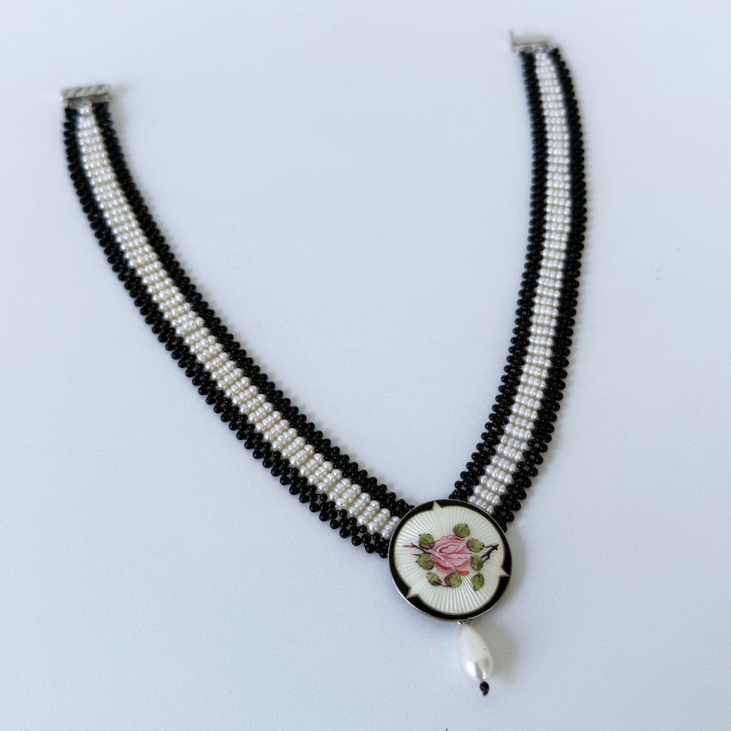 Black Onyx, Pearl & Silver Necklace with Vintage Enamel Centerpiece