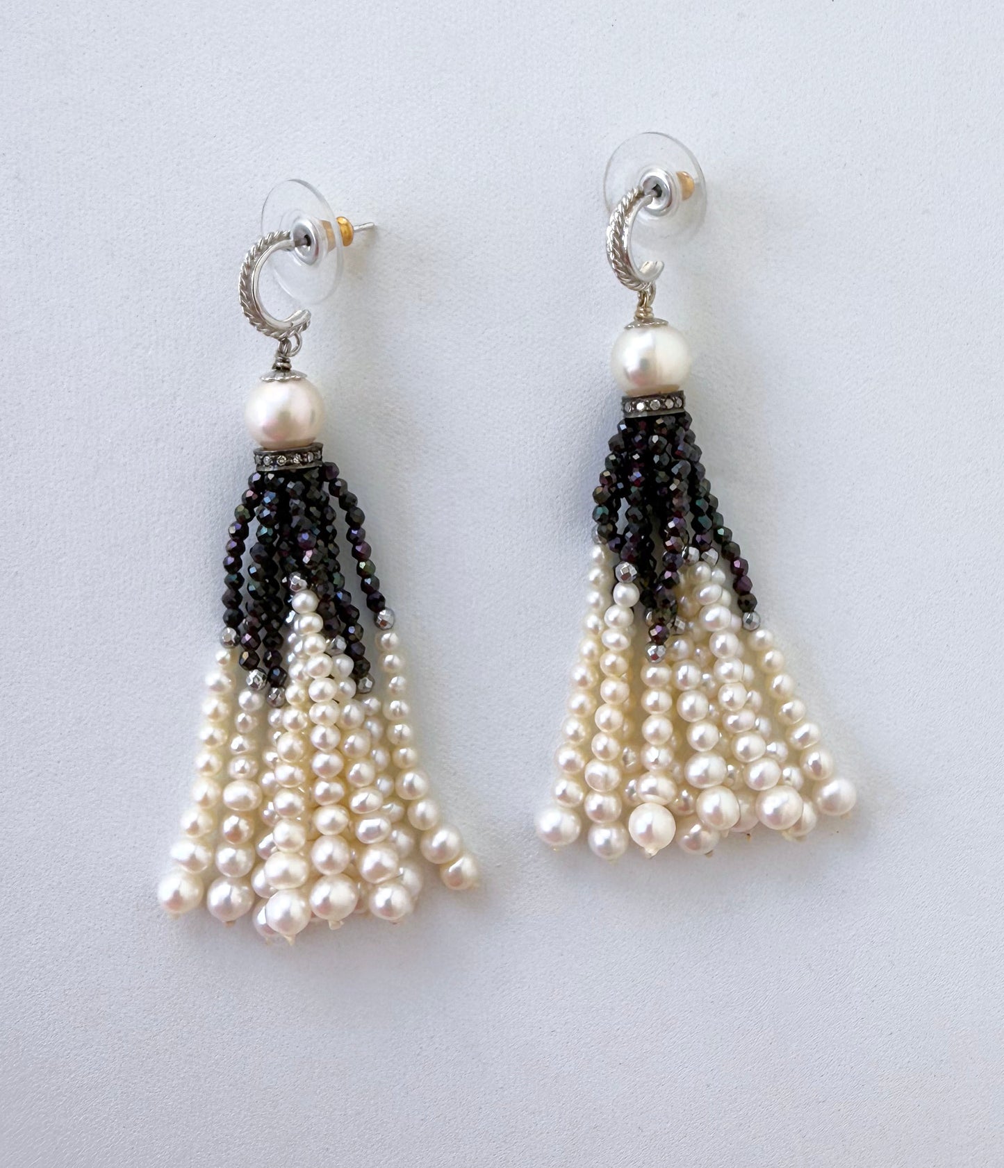 Black Onyx, Pearl & Solid 14k White Gold Tassel Earrings