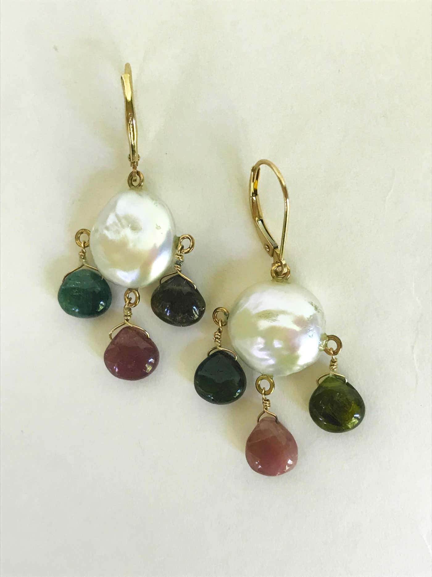 Chandelier Earrings with Pearl, Multicolored Tourmaline & Solid 14k Lever Back Hooks