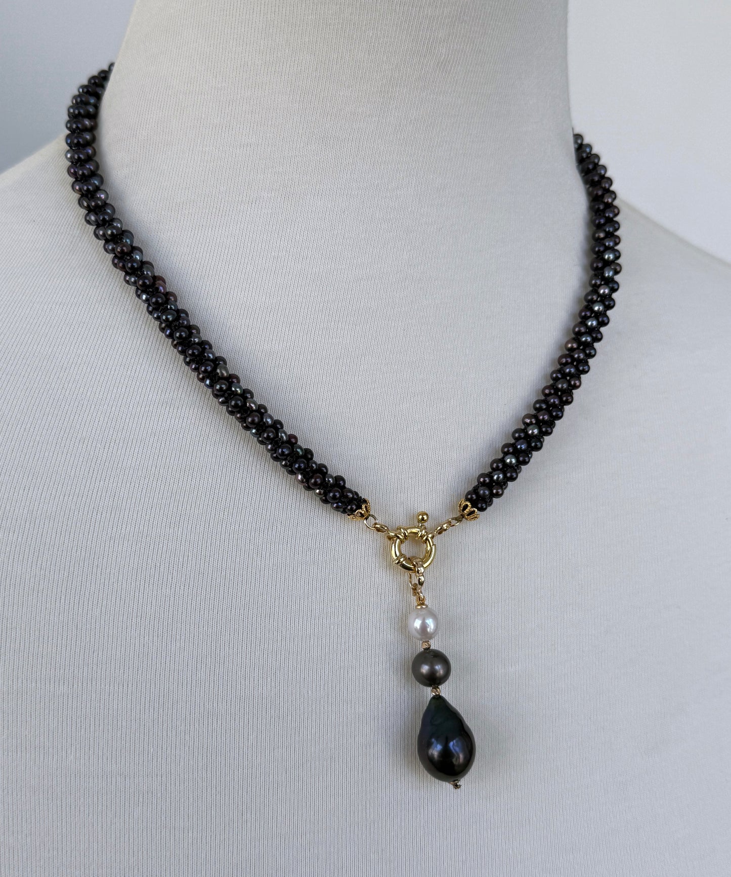 Black Pearl Rope Necklace with 18k Yellow Gold Plating & Drop Tassel