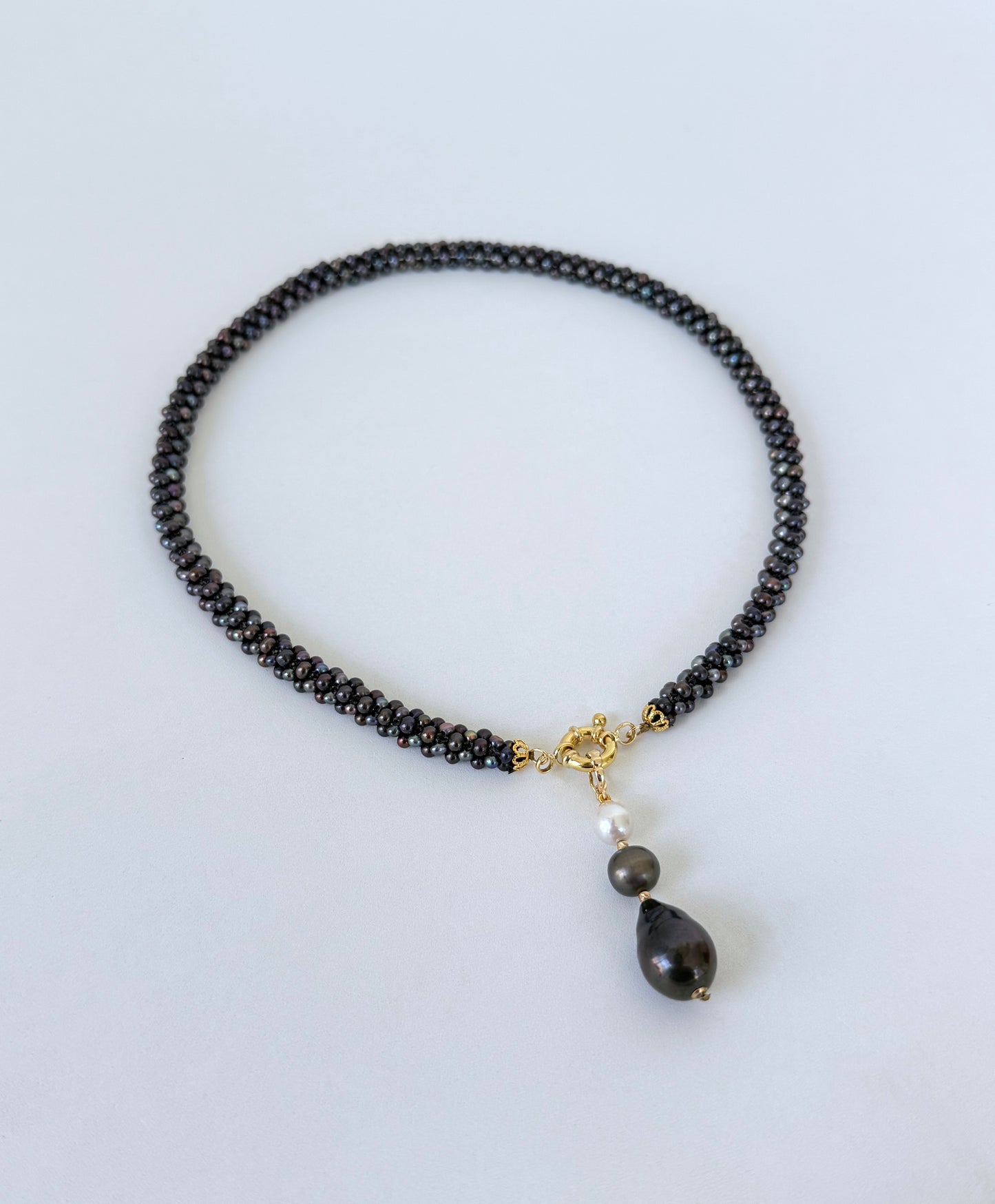 Black Pearl Rope Necklace with 18k Yellow Gold Plating & Drop Tassel