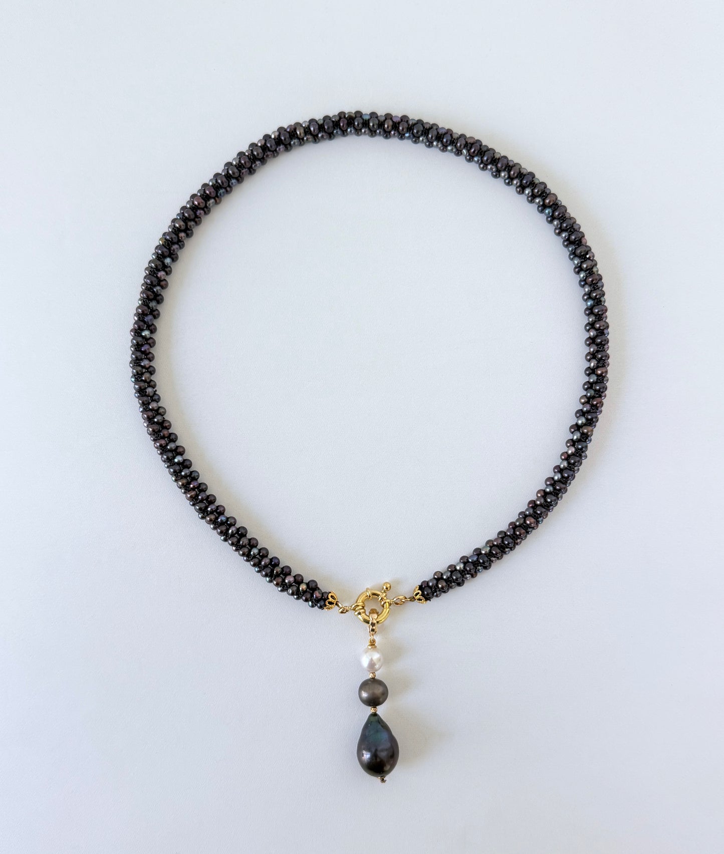 Black Pearl Rope Necklace with 18k Yellow Gold Plating & Drop Tassel