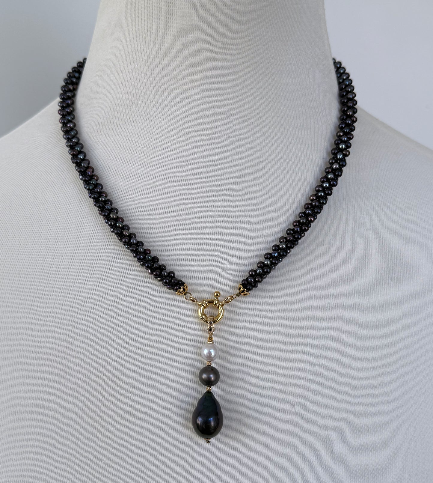 Black Pearl Rope Necklace with 18k Yellow Gold Plating & Drop Tassel