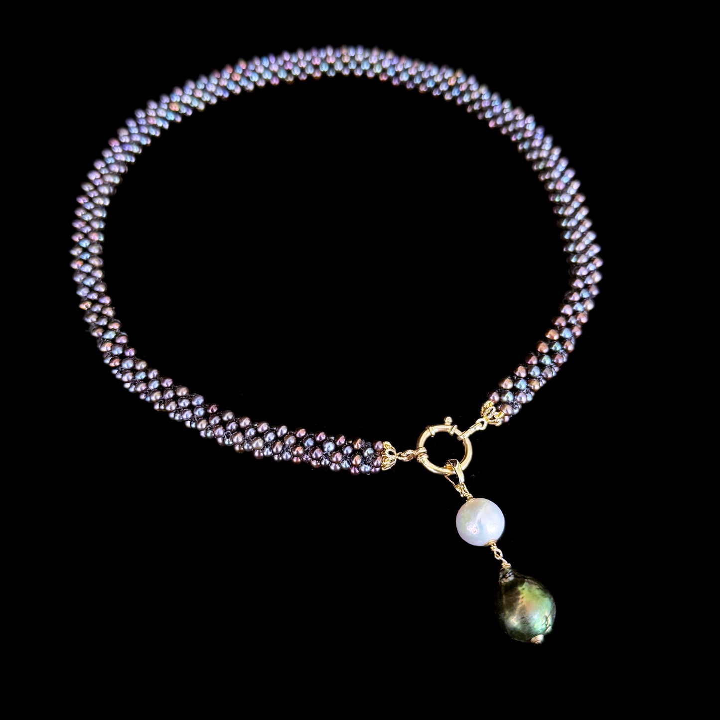 Solid 14k Gold, Black Pearl Rope Necklace with a Removable Baroque Pearl Drop Tassel